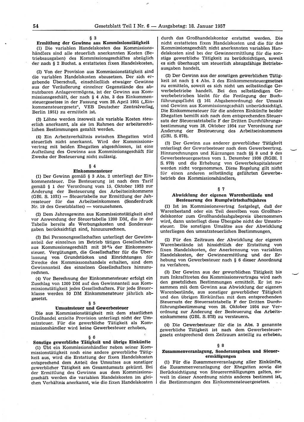 Gesetzblatt (GBl.) der Deutschen Demokratischen Republik (DDR) Teil Ⅰ 1957, Seite 54 (GBl. DDR Ⅰ 1957, S. 54)