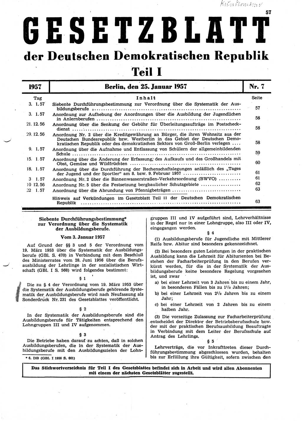 Gesetzblatt (GBl.) der Deutschen Demokratischen Republik (DDR) Teil Ⅰ 1957, Seite 57 (GBl. DDR Ⅰ 1957, S. 57)