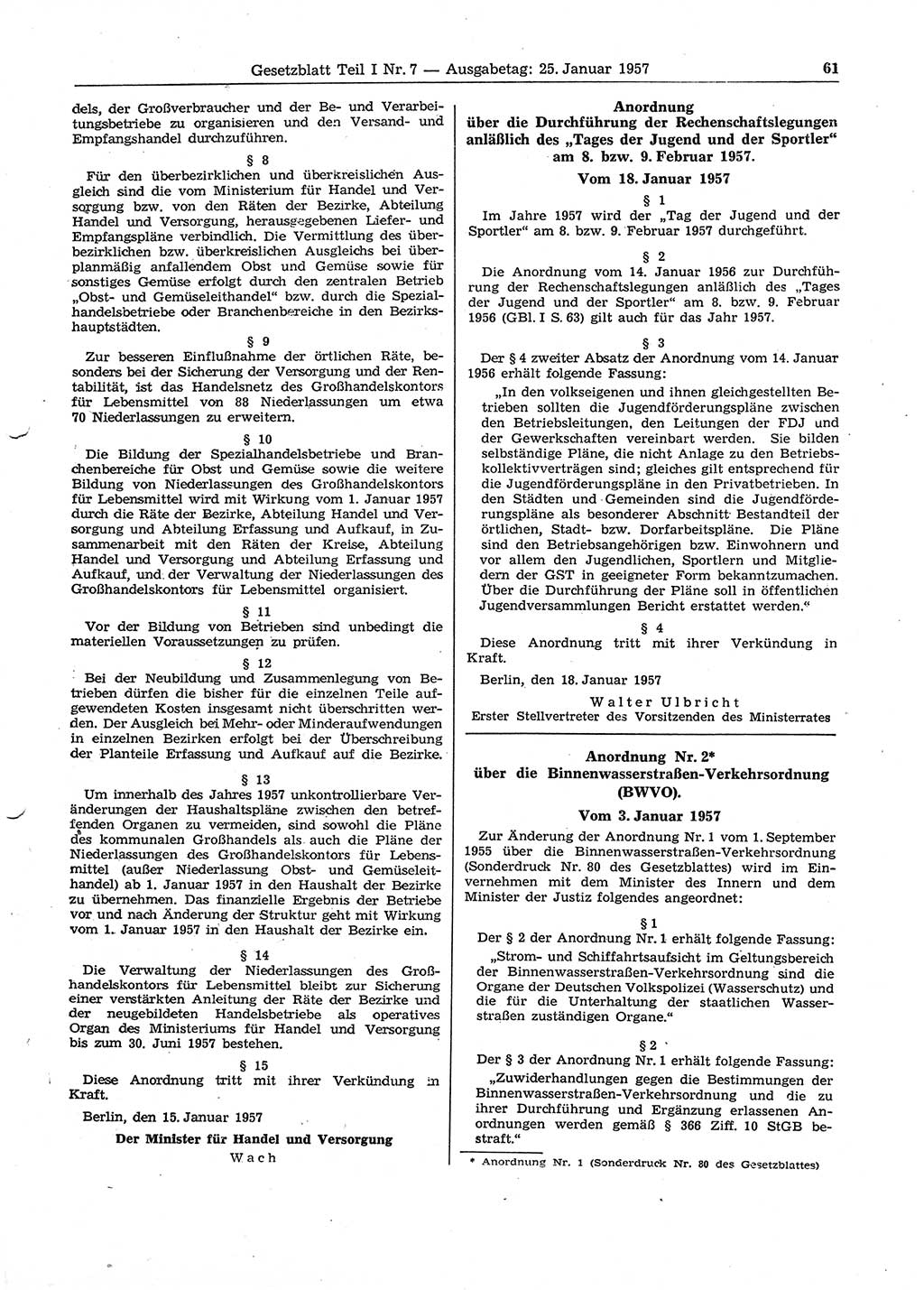 Gesetzblatt (GBl.) der Deutschen Demokratischen Republik (DDR) Teil Ⅰ 1957, Seite 61 (GBl. DDR Ⅰ 1957, S. 61)