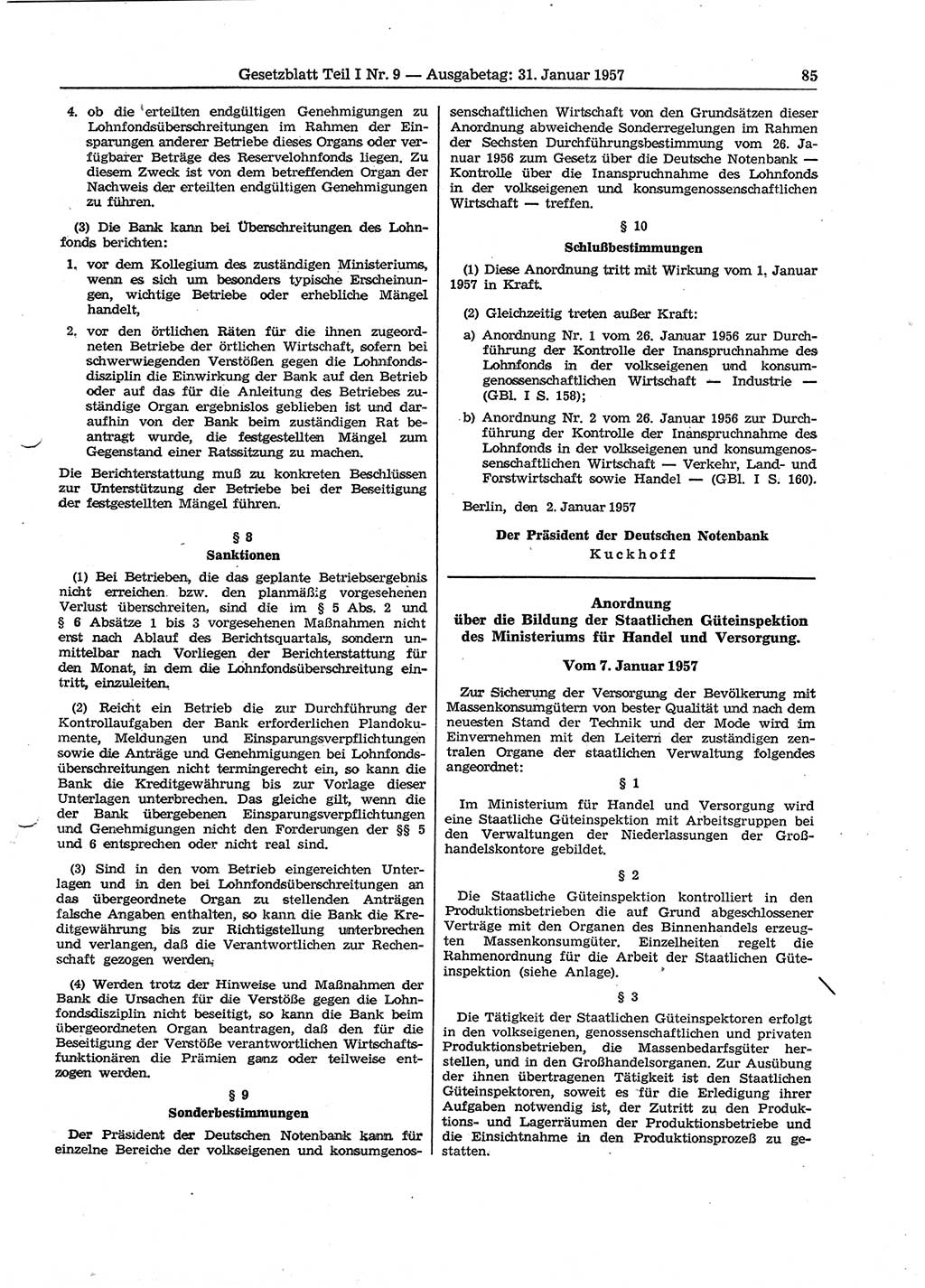 Gesetzblatt (GBl.) der Deutschen Demokratischen Republik (DDR) Teil Ⅰ 1957, Seite 85 (GBl. DDR Ⅰ 1957, S. 85)