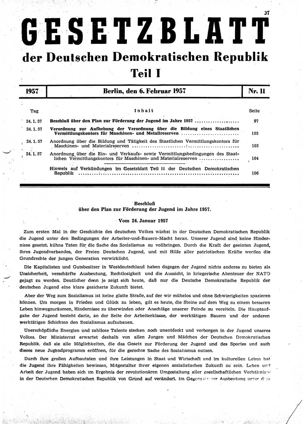 Gesetzblatt (GBl.) der Deutschen Demokratischen Republik (DDR) Teil Ⅰ 1957, Seite 97 (GBl. DDR Ⅰ 1957, S. 97)