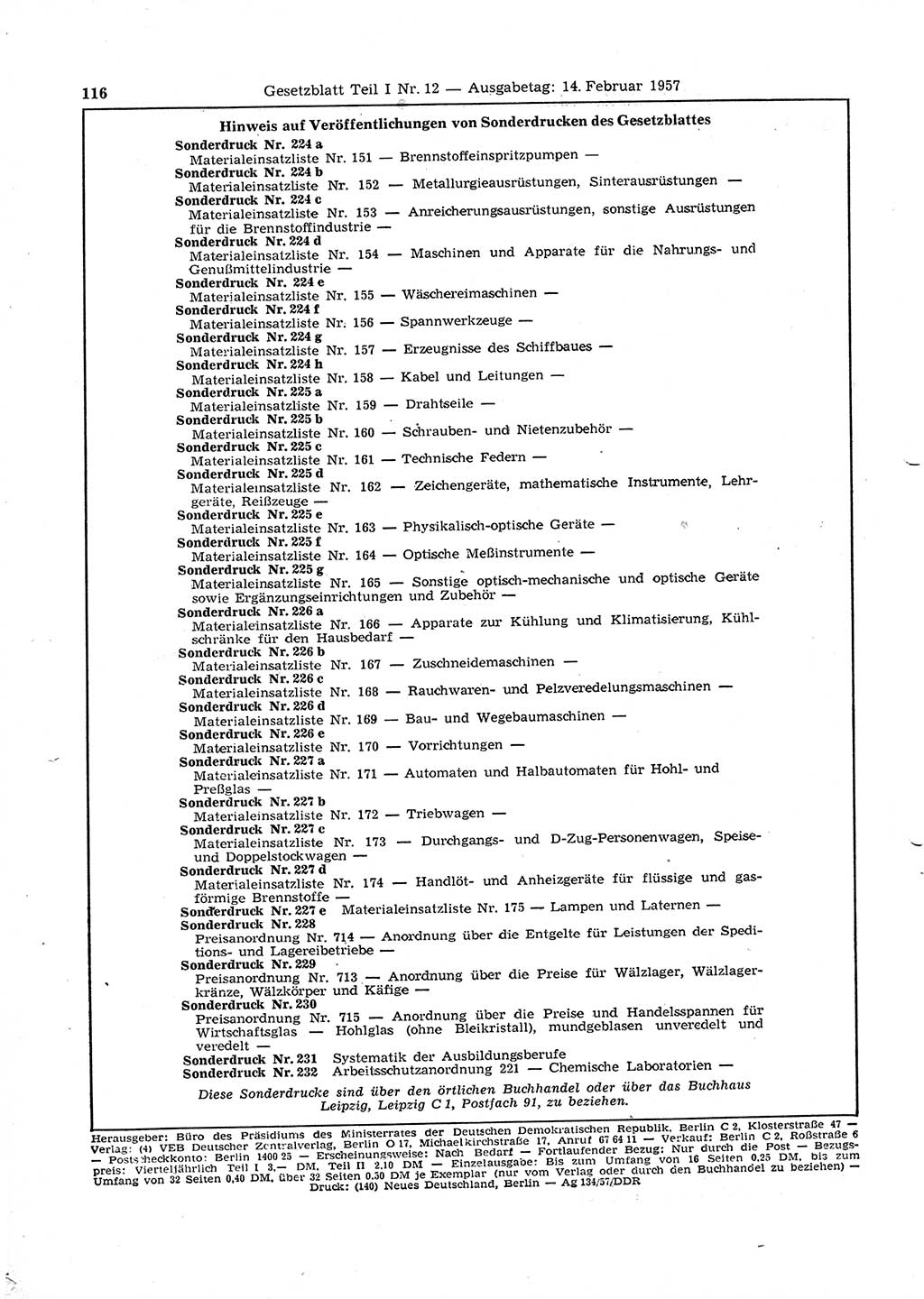 Gesetzblatt (GBl.) der Deutschen Demokratischen Republik (DDR) Teil Ⅰ 1957, Seite 116 (GBl. DDR Ⅰ 1957, S. 116)