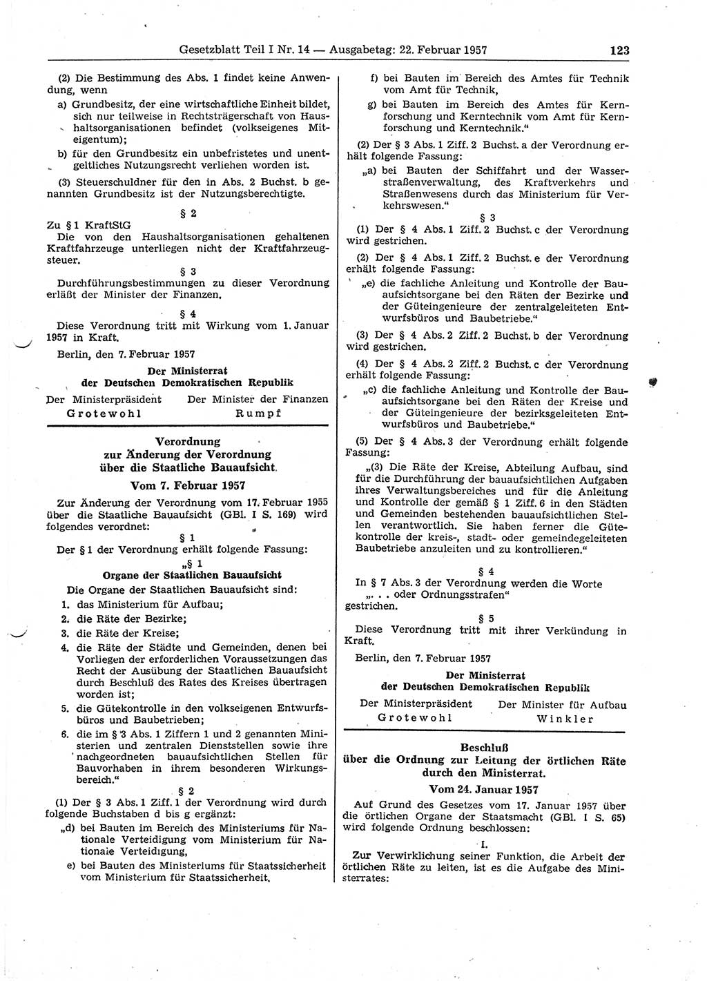 Gesetzblatt (GBl.) der Deutschen Demokratischen Republik (DDR) Teil Ⅰ 1957, Seite 123 (GBl. DDR Ⅰ 1957, S. 123)