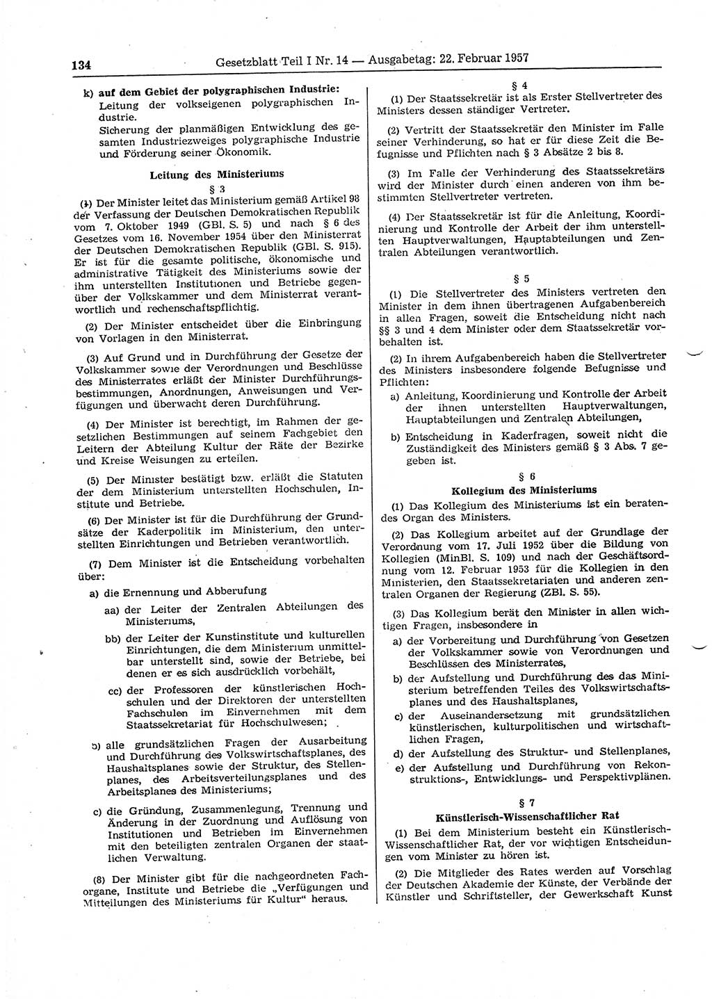 Gesetzblatt (GBl.) der Deutschen Demokratischen Republik (DDR) Teil Ⅰ 1957, Seite 134 (GBl. DDR Ⅰ 1957, S. 134)