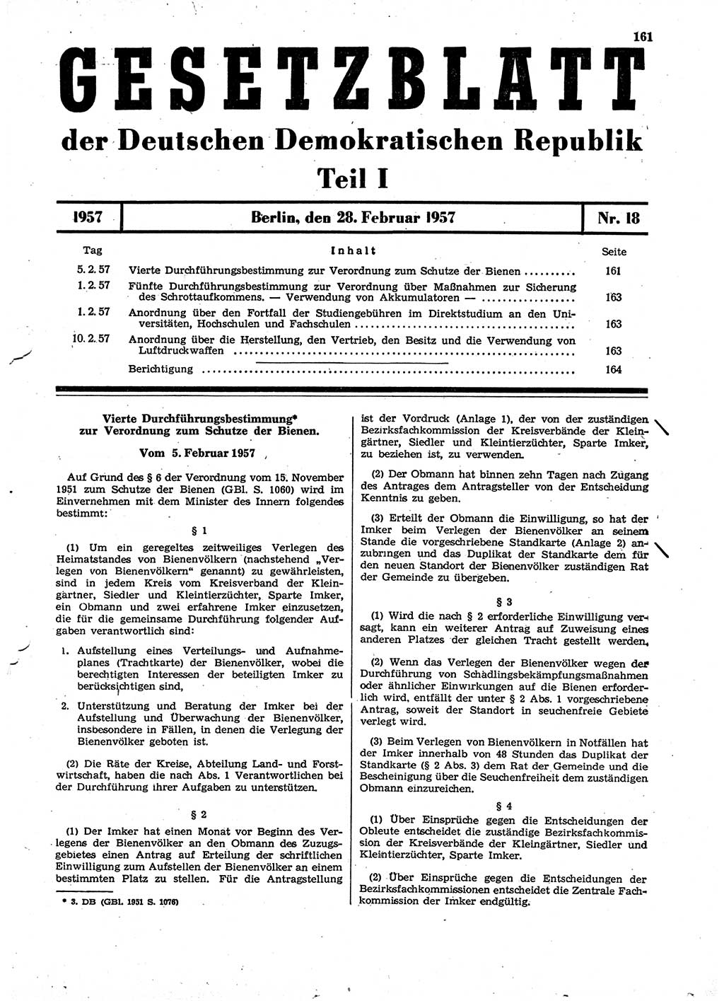 Gesetzblatt (GBl.) der Deutschen Demokratischen Republik (DDR) Teil Ⅰ 1957, Seite 161 (GBl. DDR Ⅰ 1957, S. 161)