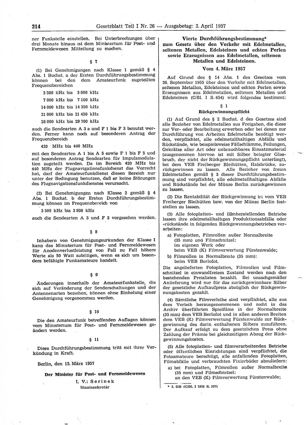 Gesetzblatt (GBl.) der Deutschen Demokratischen Republik (DDR) Teil Ⅰ 1957, Seite 214 (GBl. DDR Ⅰ 1957, S. 214)