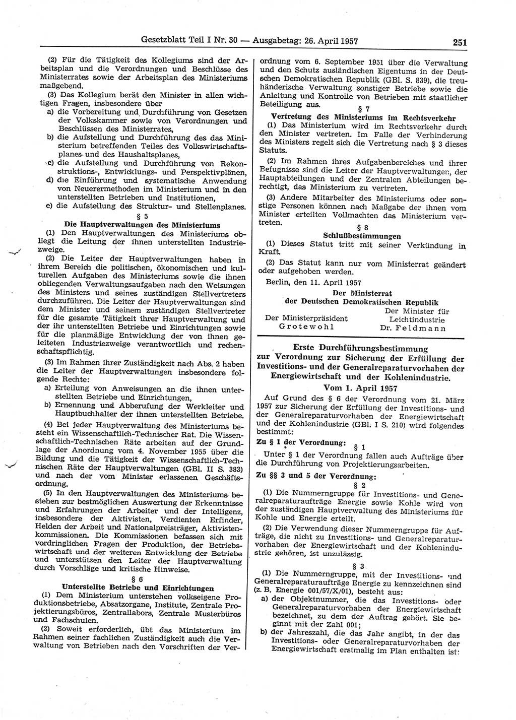 Gesetzblatt (GBl.) der Deutschen Demokratischen Republik (DDR) Teil Ⅰ 1957, Seite 251 (GBl. DDR Ⅰ 1957, S. 251)