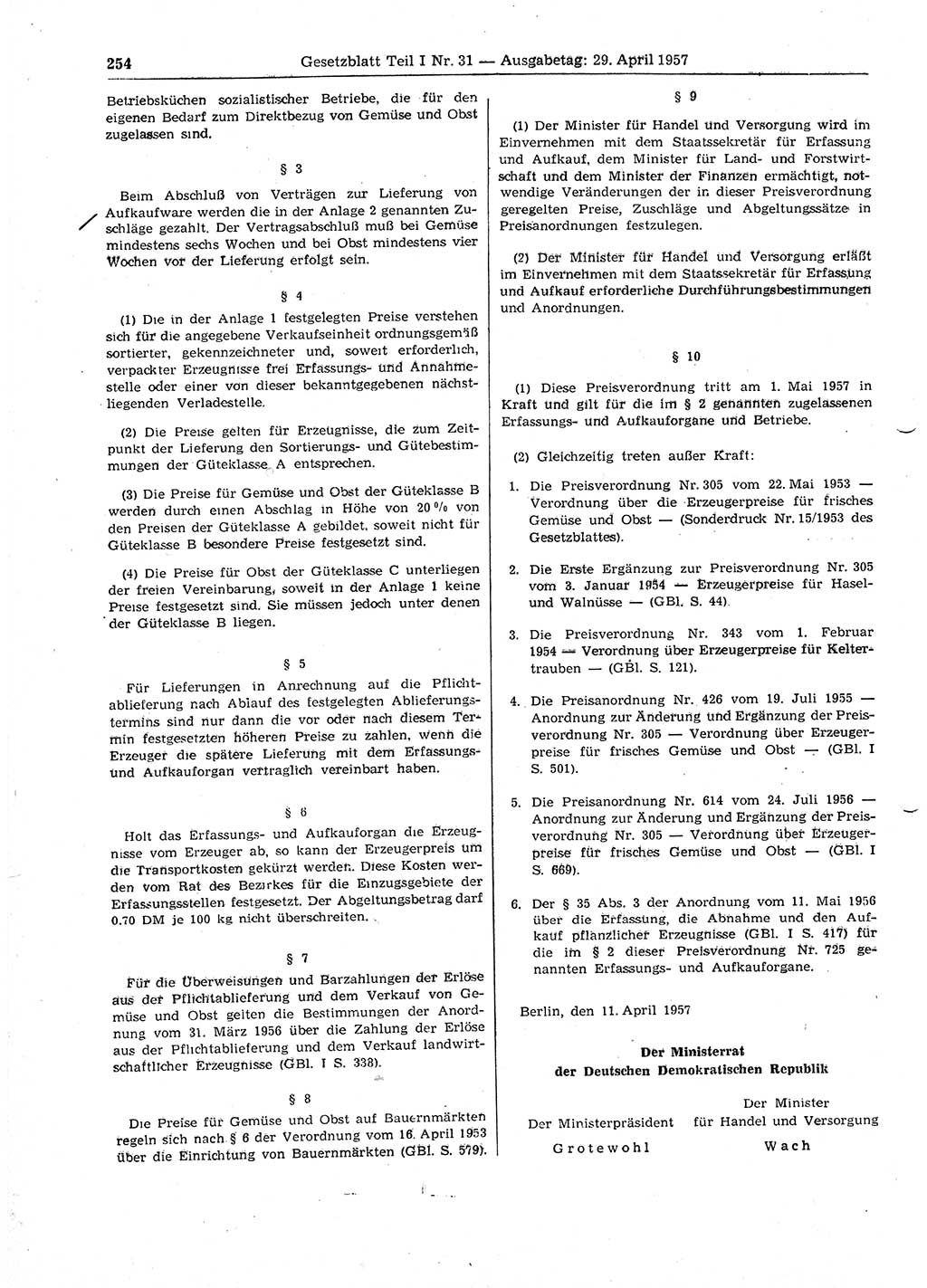 Gesetzblatt (GBl.) der Deutschen Demokratischen Republik (DDR) Teil Ⅰ 1957, Seite 254 (GBl. DDR Ⅰ 1957, S. 254)