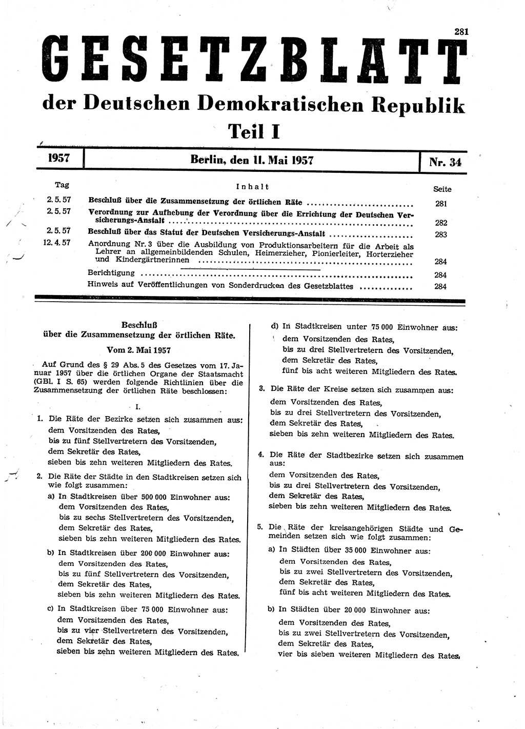 Gesetzblatt (GBl.) der Deutschen Demokratischen Republik (DDR) Teil Ⅰ 1957, Seite 281 (GBl. DDR Ⅰ 1957, S. 281)