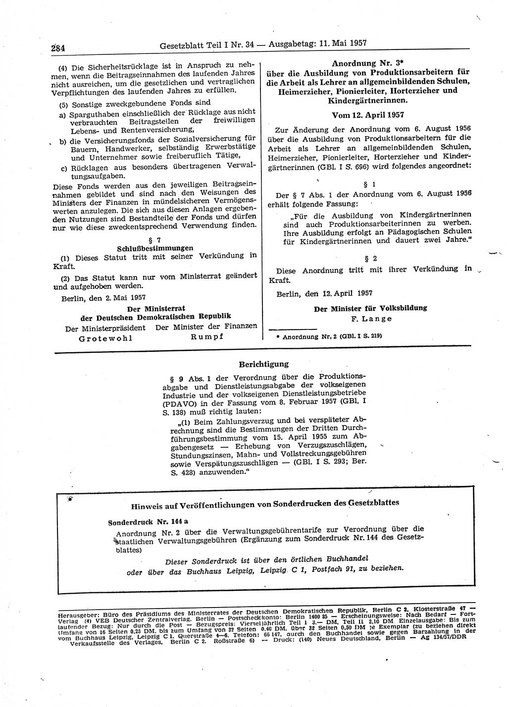 Gesetzblatt (GBl.) der Deutschen Demokratischen Republik (DDR) Teil Ⅰ 1957, Seite 284 (GBl. DDR Ⅰ 1957, S. 284)