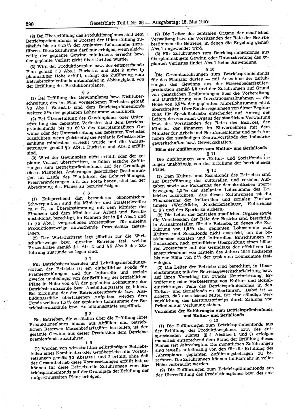 Gesetzblatt (GBl.) der Deutschen Demokratischen Republik (DDR) Teil Ⅰ 1957, Seite 290 (GBl. DDR Ⅰ 1957, S. 290)