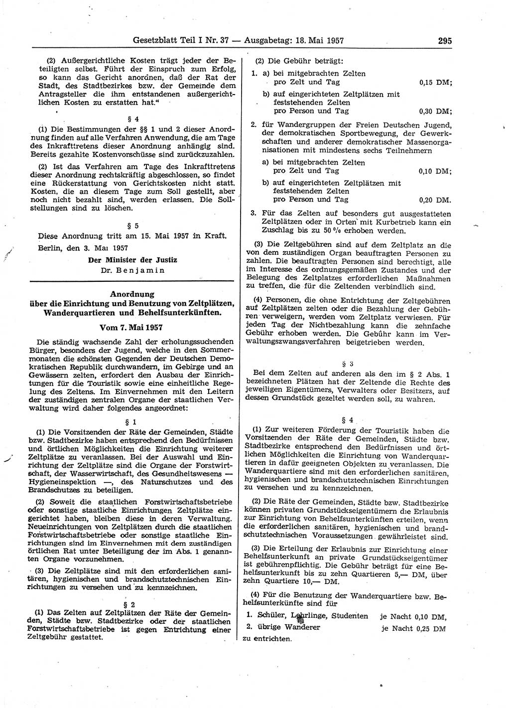 Gesetzblatt (GBl.) der Deutschen Demokratischen Republik (DDR) Teil Ⅰ 1957, Seite 295 (GBl. DDR Ⅰ 1957, S. 295)