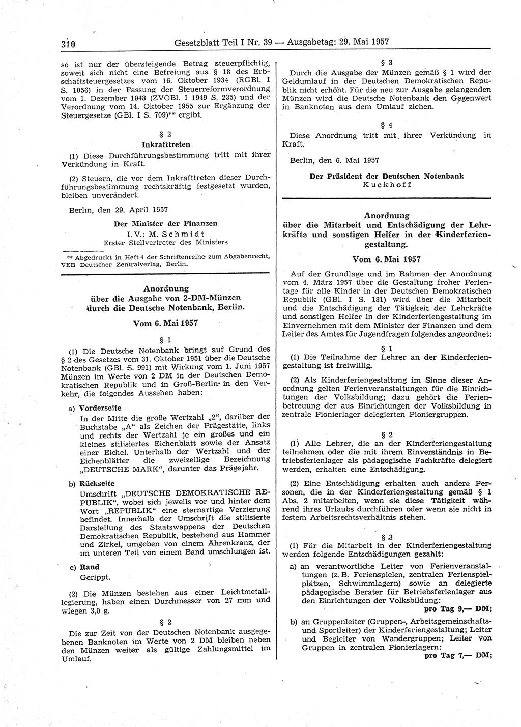 Gesetzblatt (GBl.) der Deutschen Demokratischen Republik (DDR) Teil Ⅰ 1957, Seite 310 (GBl. DDR Ⅰ 1957, S. 310)