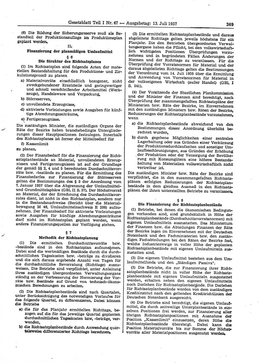 Gesetzblatt (GBl.) der Deutschen Demokratischen Republik (DDR) Teil Ⅰ 1957, Seite 369 (GBl. DDR Ⅰ 1957, S. 369)