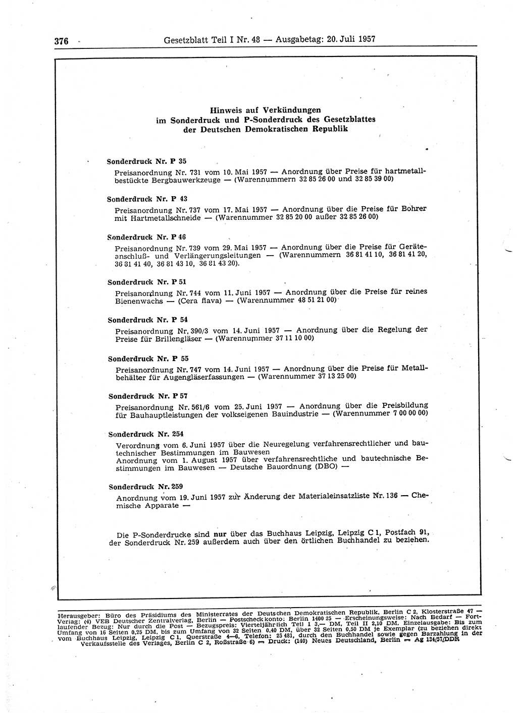 Gesetzblatt (GBl.) der Deutschen Demokratischen Republik (DDR) Teil Ⅰ 1957, Seite 376 (GBl. DDR Ⅰ 1957, S. 376)