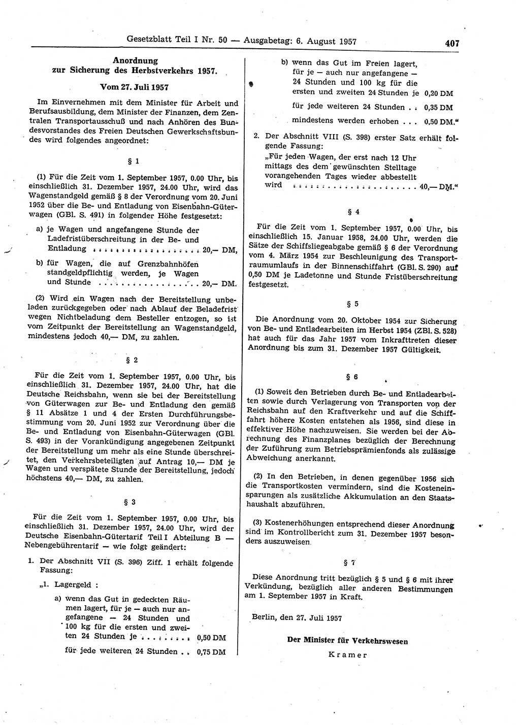 Gesetzblatt (GBl.) der Deutschen Demokratischen Republik (DDR) Teil Ⅰ 1957, Seite 407 (GBl. DDR Ⅰ 1957, S. 407)