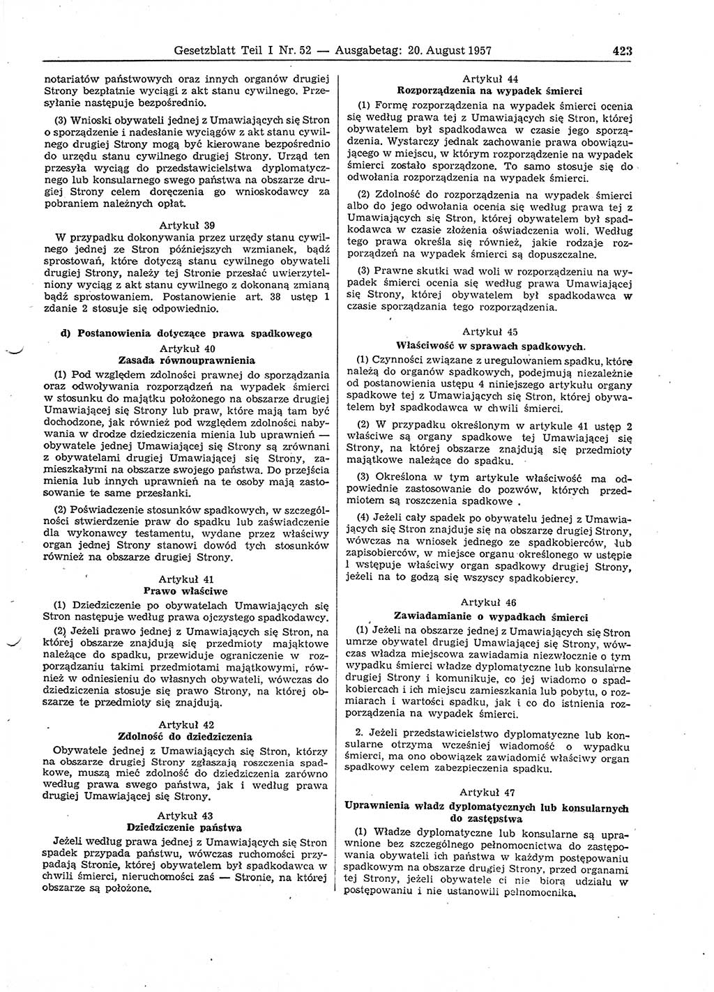 Gesetzblatt (GBl.) der Deutschen Demokratischen Republik (DDR) Teil Ⅰ 1957, Seite 423 (GBl. DDR Ⅰ 1957, S. 423)