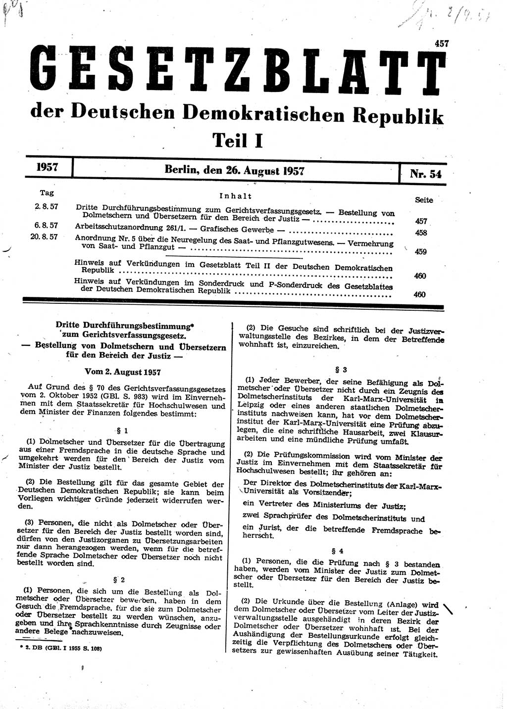 Gesetzblatt (GBl.) der Deutschen Demokratischen Republik (DDR) Teil Ⅰ 1957, Seite 457 (GBl. DDR Ⅰ 1957, S. 457)