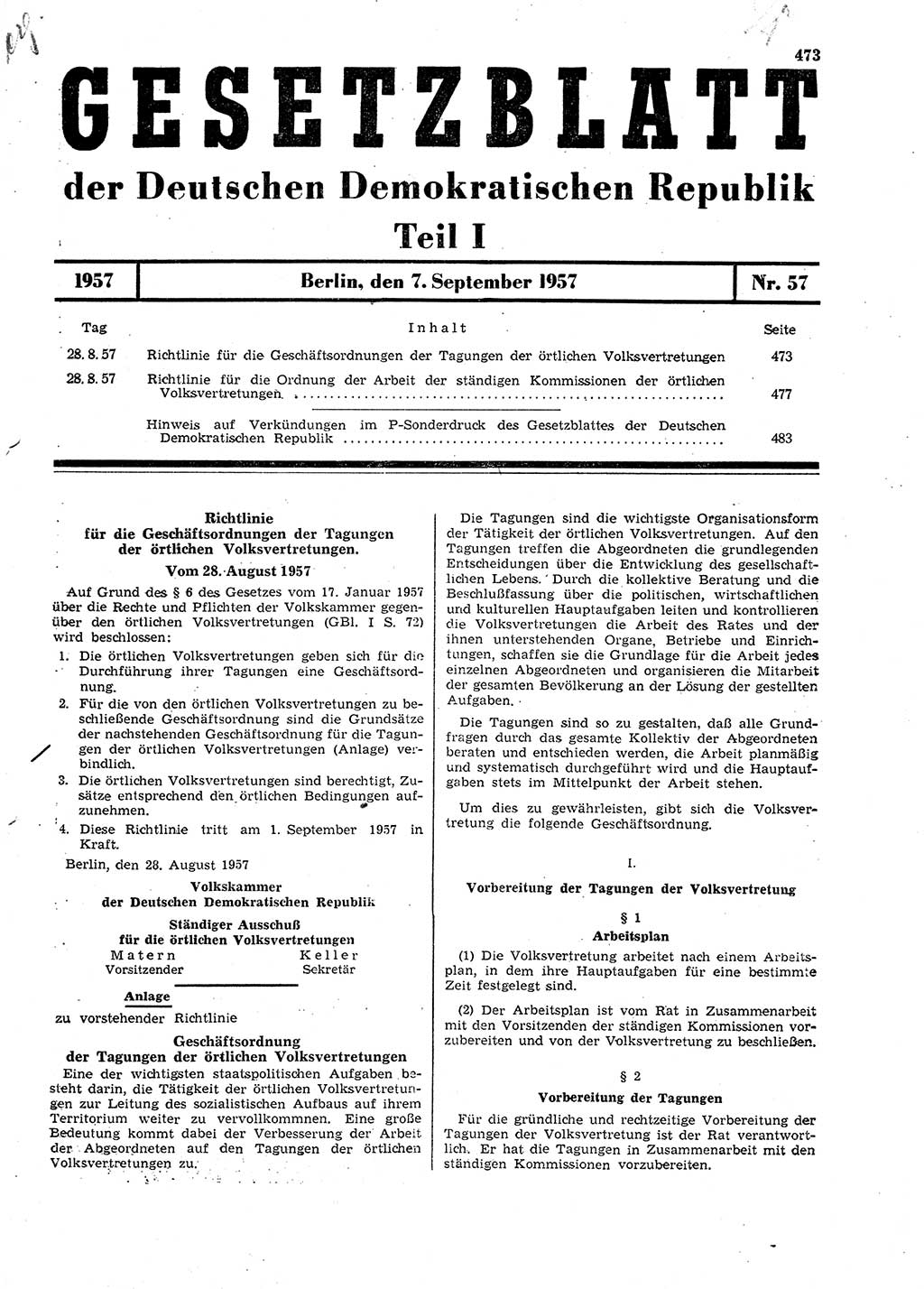 Gesetzblatt (GBl.) der Deutschen Demokratischen Republik (DDR) Teil Ⅰ 1957, Seite 473 (GBl. DDR Ⅰ 1957, S. 473)
