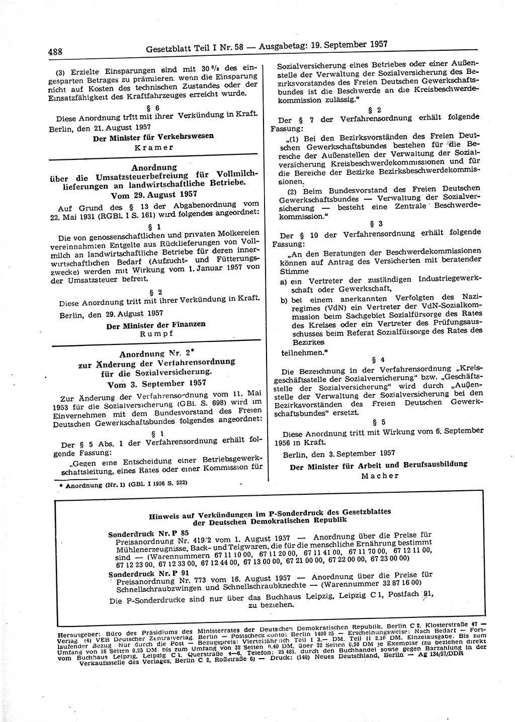 Gesetzblatt (GBl.) der Deutschen Demokratischen Republik (DDR) Teil Ⅰ 1957, Seite 488 (GBl. DDR Ⅰ 1957, S. 488)