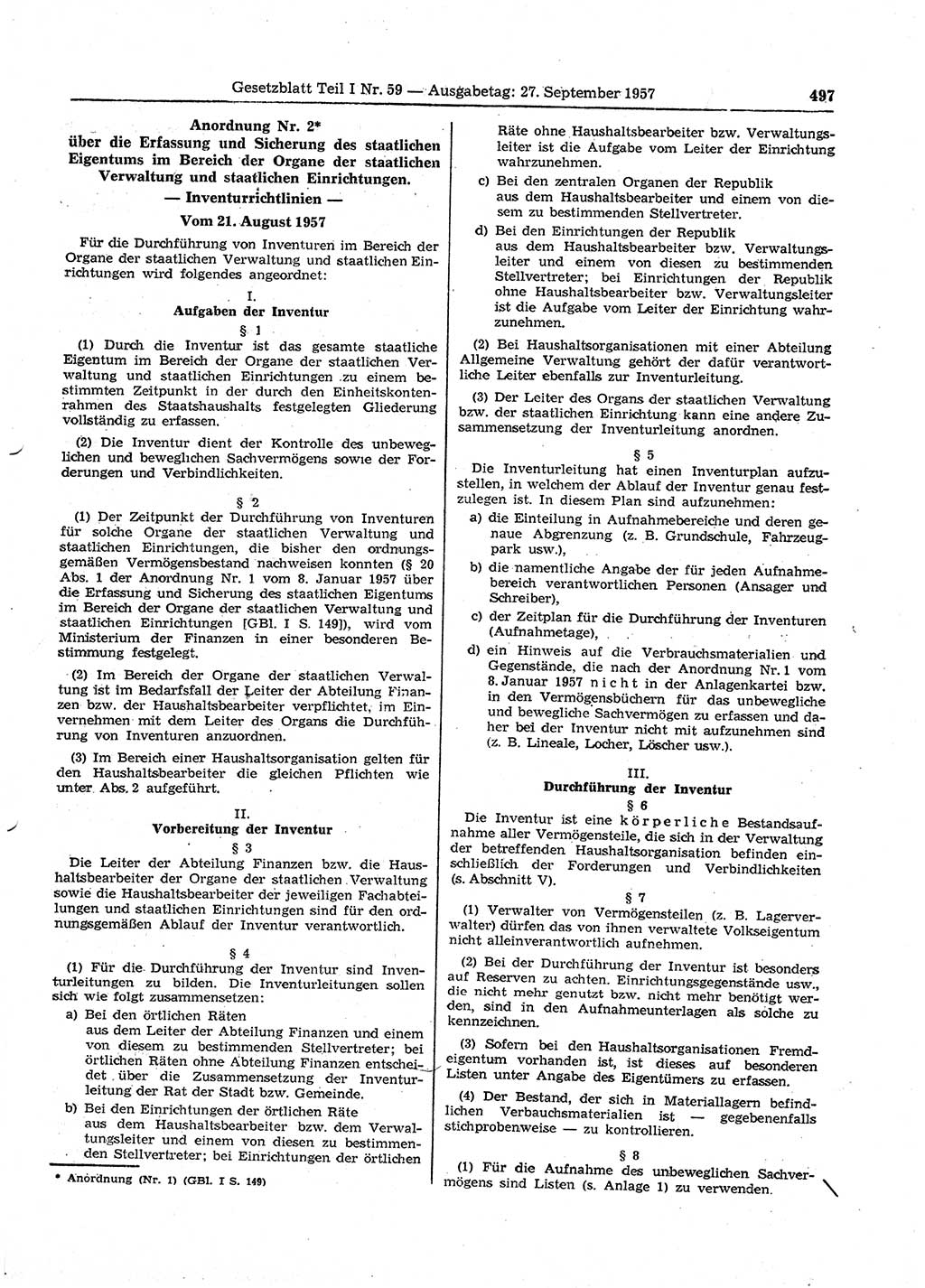 Gesetzblatt (GBl.) der Deutschen Demokratischen Republik (DDR) Teil Ⅰ 1957, Seite 497 (GBl. DDR Ⅰ 1957, S. 497)