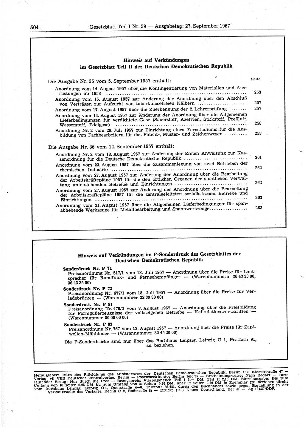 Gesetzblatt (GBl.) der Deutschen Demokratischen Republik (DDR) Teil Ⅰ 1957, Seite 504 (GBl. DDR Ⅰ 1957, S. 504)