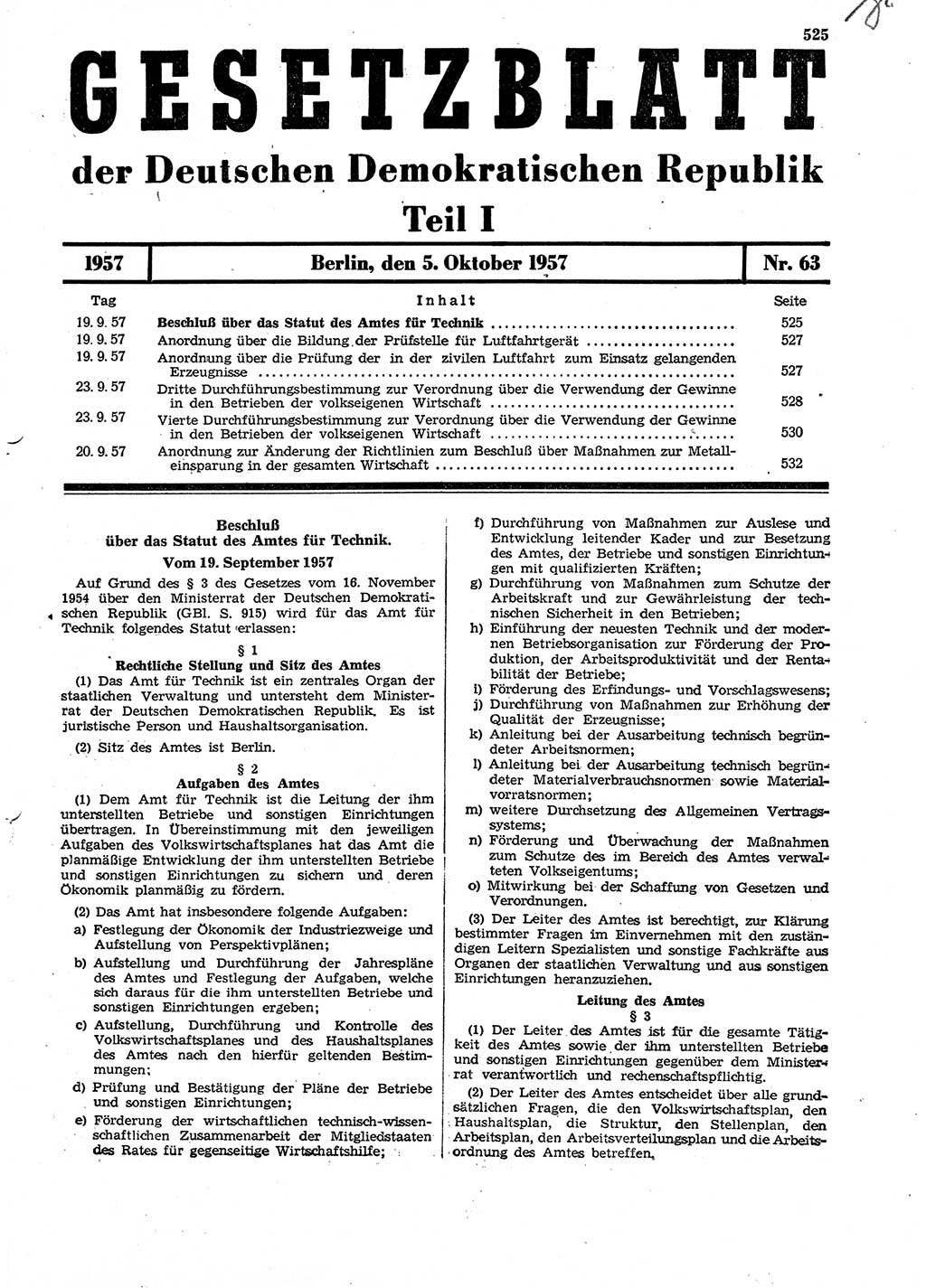 Gesetzblatt (GBl.) der Deutschen Demokratischen Republik (DDR) Teil Ⅰ 1957, Seite 525 (GBl. DDR Ⅰ 1957, S. 525)