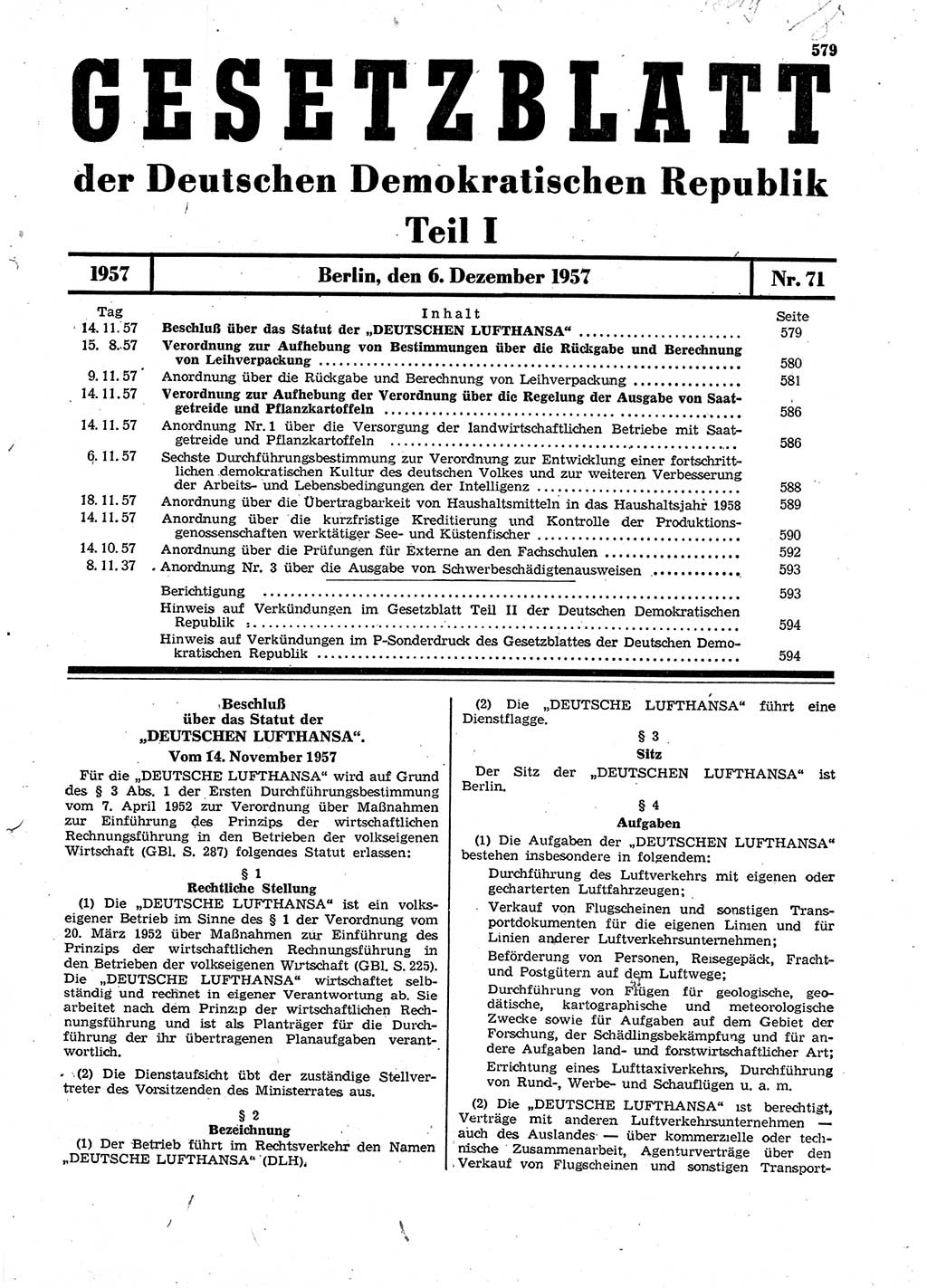 Gesetzblatt (GBl.) der Deutschen Demokratischen Republik (DDR) Teil Ⅰ 1957, Seite 579 (GBl. DDR Ⅰ 1957, S. 579)