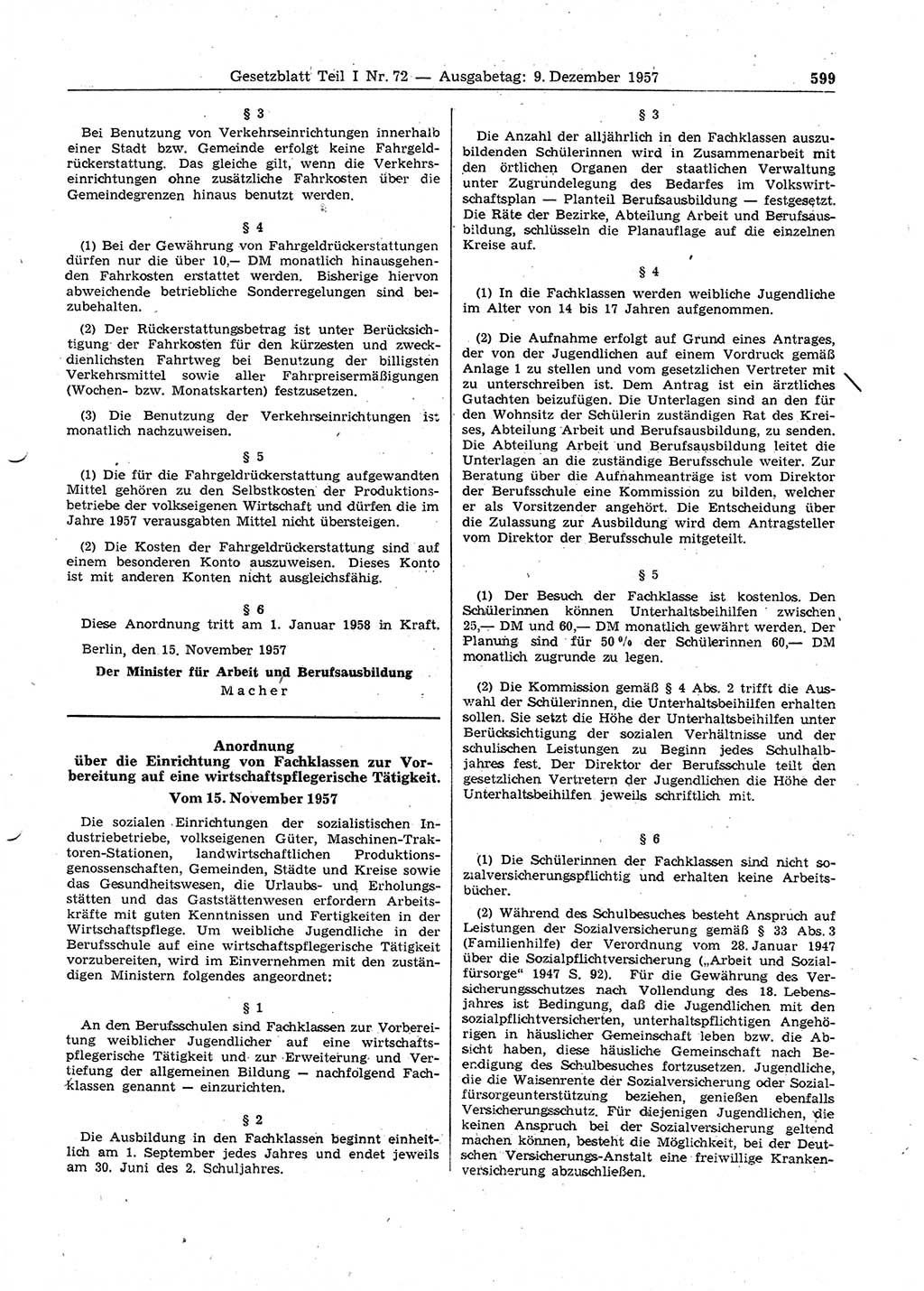 Gesetzblatt (GBl.) der Deutschen Demokratischen Republik (DDR) Teil Ⅰ 1957, Seite 599 (GBl. DDR Ⅰ 1957, S. 599)