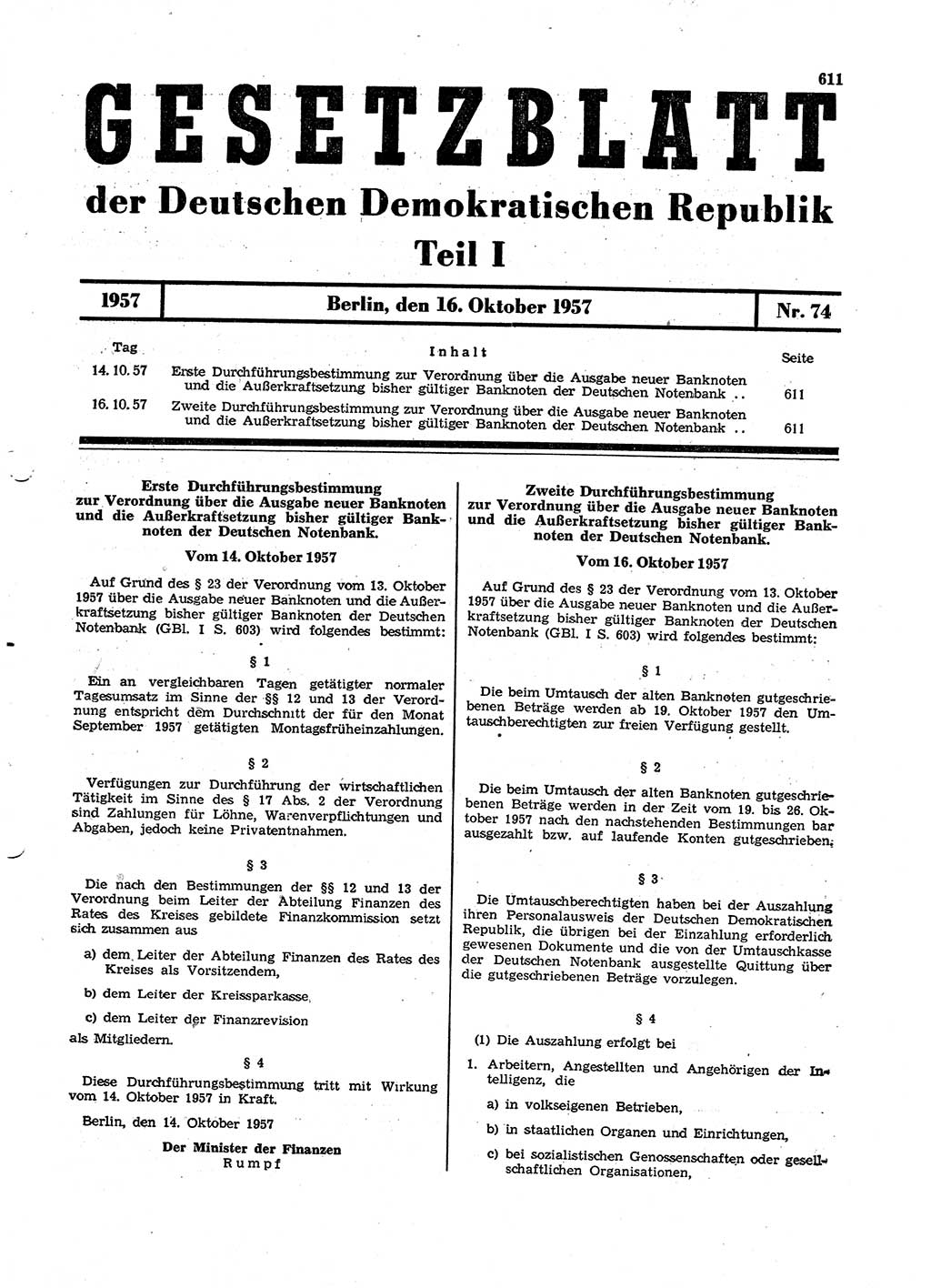 Gesetzblatt (GBl.) der Deutschen Demokratischen Republik (DDR) Teil Ⅰ 1957, Seite 611 (GBl. DDR Ⅰ 1957, S. 611)