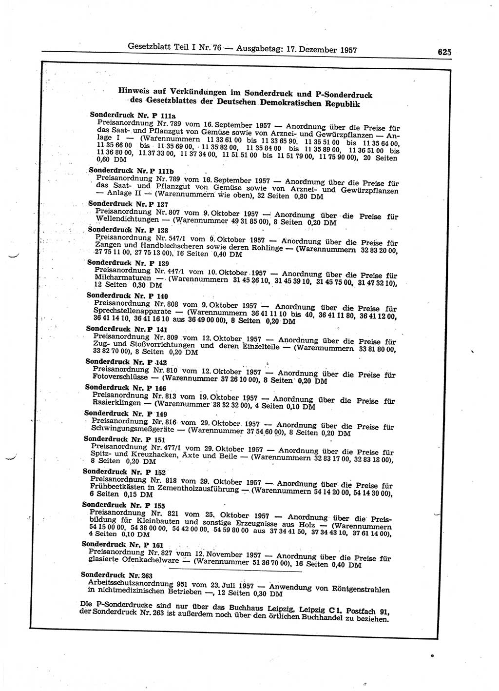 Gesetzblatt (GBl.) der Deutschen Demokratischen Republik (DDR) Teil Ⅰ 1957, Seite 625 (GBl. DDR Ⅰ 1957, S. 625)