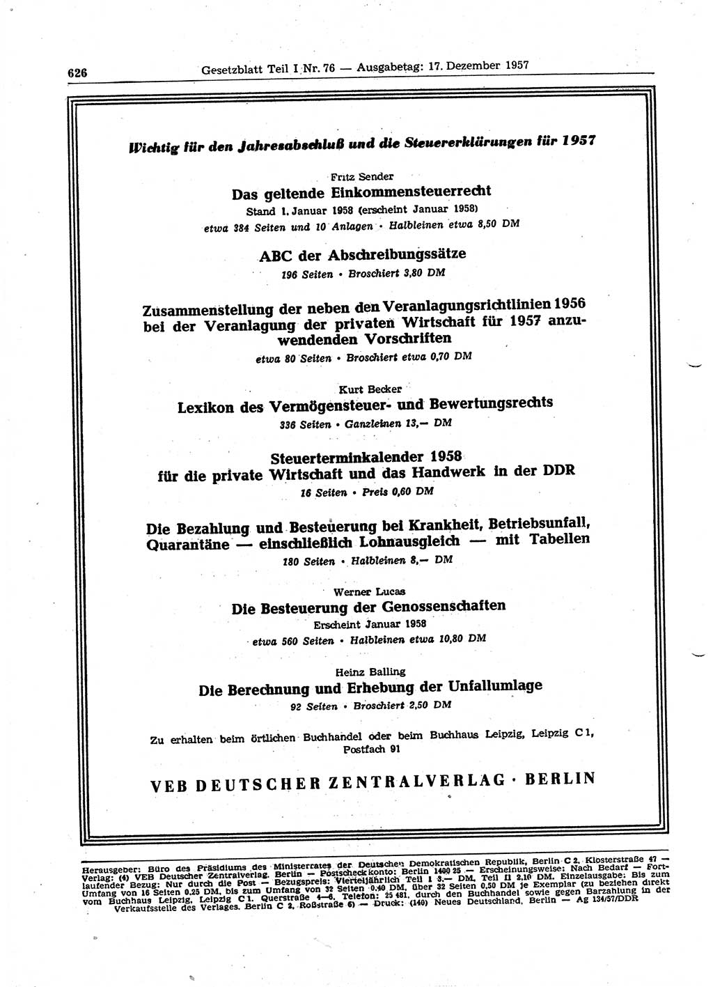 Gesetzblatt (GBl.) der Deutschen Demokratischen Republik (DDR) Teil Ⅰ 1957, Seite 626 (GBl. DDR Ⅰ 1957, S. 626)