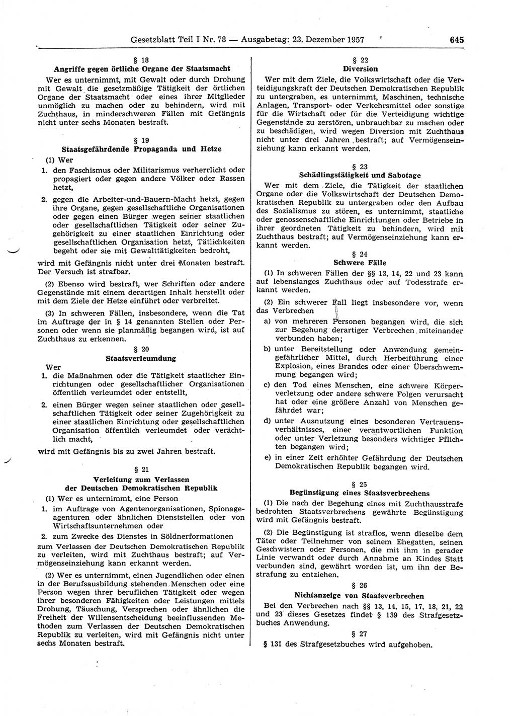 Gesetzblatt (GBl.) der Deutschen Demokratischen Republik (DDR) Teil Ⅰ 1957, Seite 645 (GBl. DDR Ⅰ 1957, S. 645)