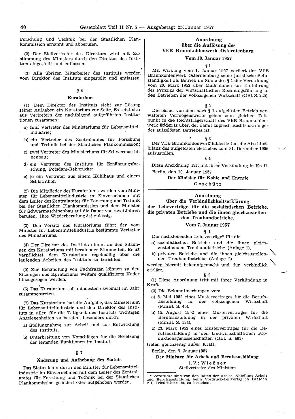 Gesetzblatt (GBl.) der Deutschen Demokratischen Republik (DDR) Teil ⅠⅠ 1957, Seite 40 (GBl. DDR ⅠⅠ 1957, S. 40)