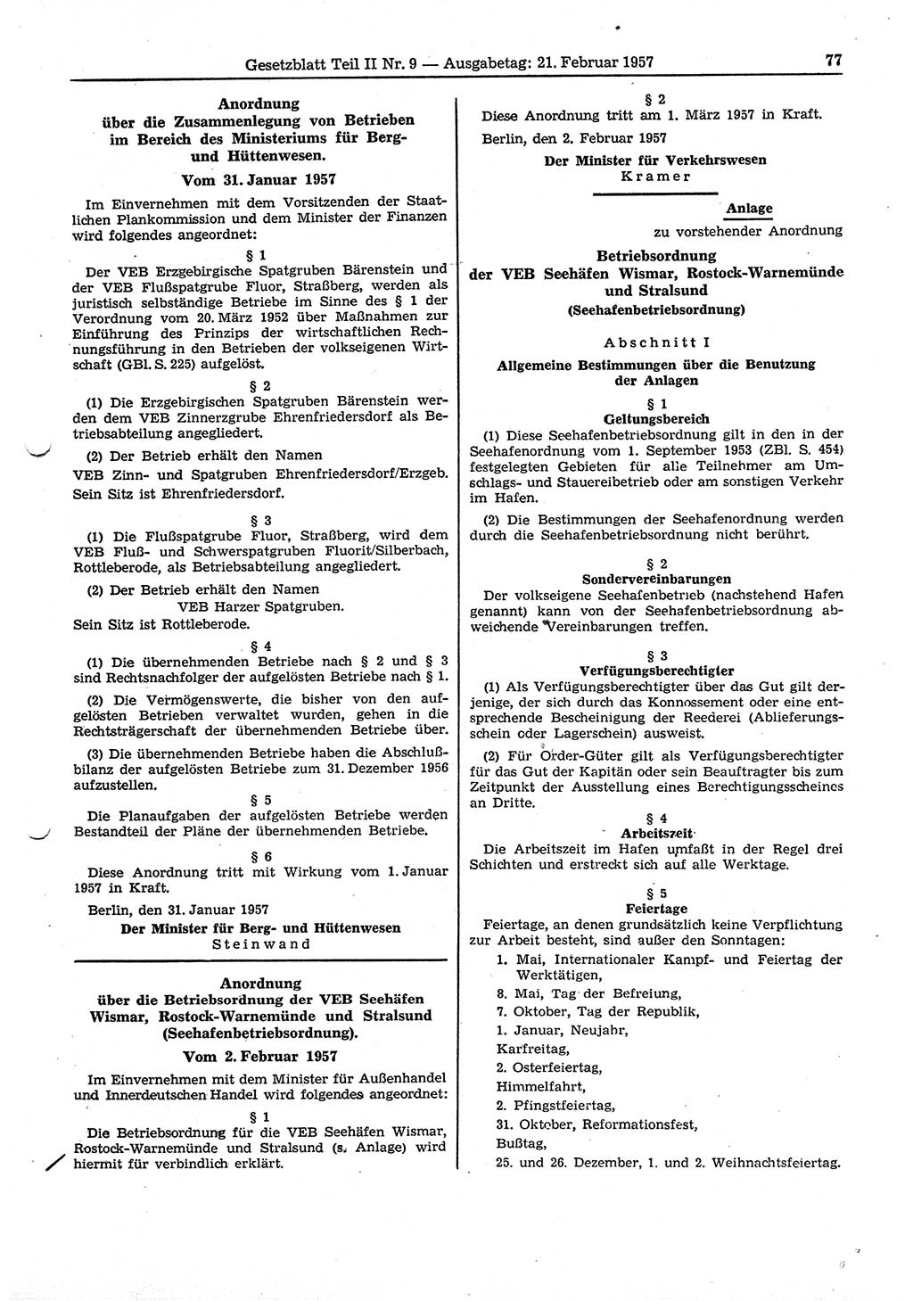 Gesetzblatt (GBl.) der Deutschen Demokratischen Republik (DDR) Teil ⅠⅠ 1957, Seite 77 (GBl. DDR ⅠⅠ 1957, S. 77)