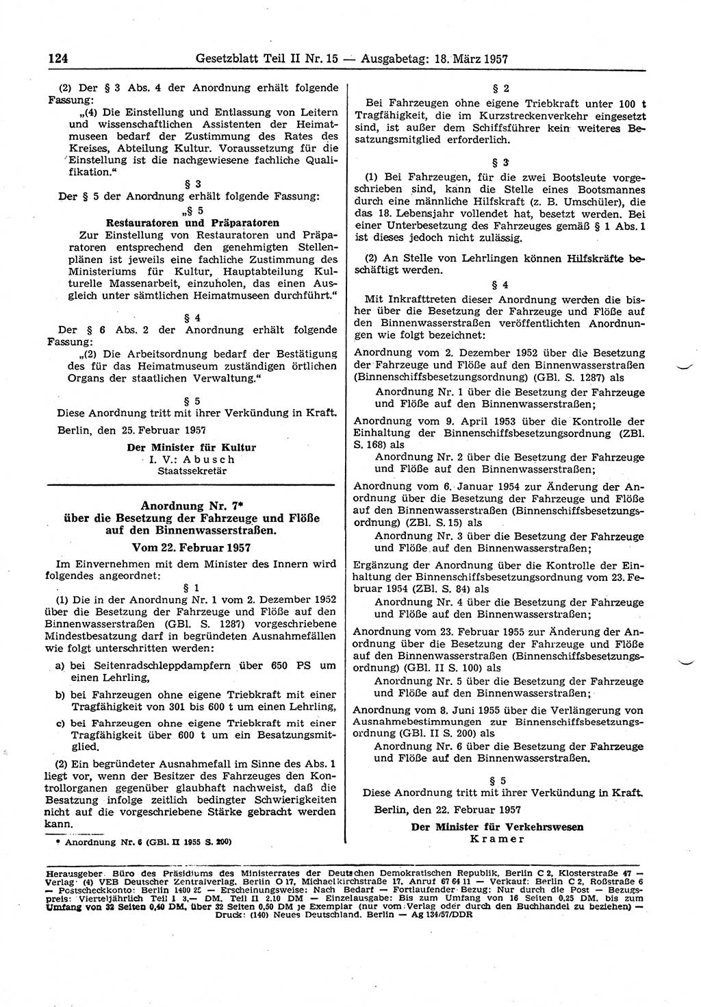 Gesetzblatt (GBl.) der Deutschen Demokratischen Republik (DDR) Teil ⅠⅠ 1957, Seite 124 (GBl. DDR ⅠⅠ 1957, S. 124)