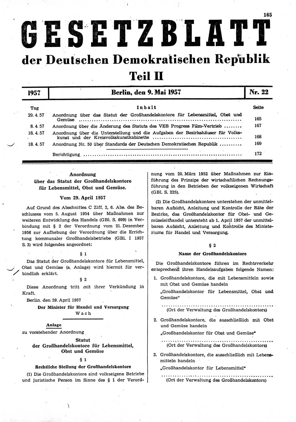 Gesetzblatt (GBl.) der Deutschen Demokratischen Republik (DDR) Teil ⅠⅠ 1957, Seite 165 (GBl. DDR ⅠⅠ 1957, S. 165)