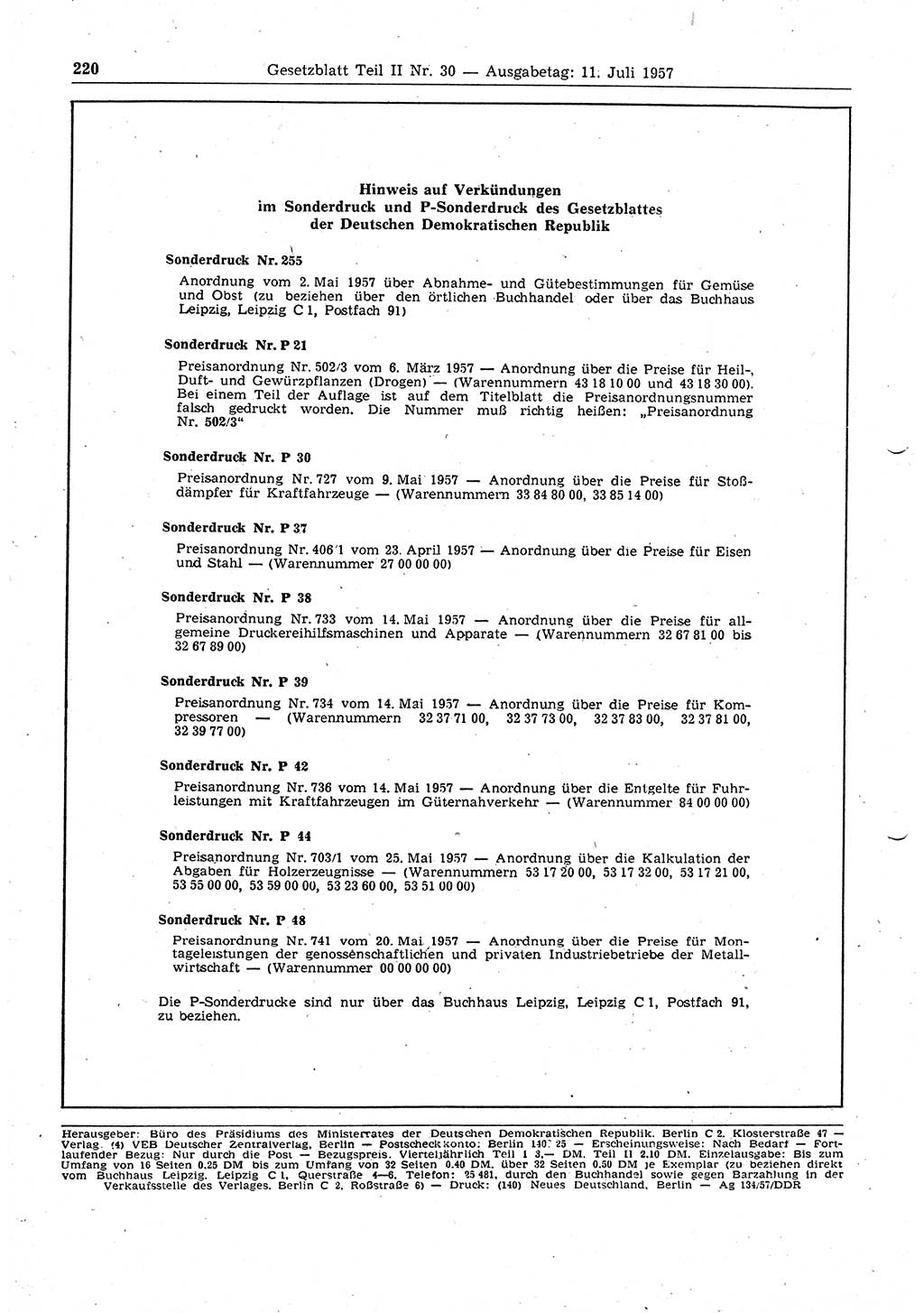 Gesetzblatt (GBl.) der Deutschen Demokratischen Republik (DDR) Teil ⅠⅠ 1957, Seite 220 (GBl. DDR ⅠⅠ 1957, S. 220)