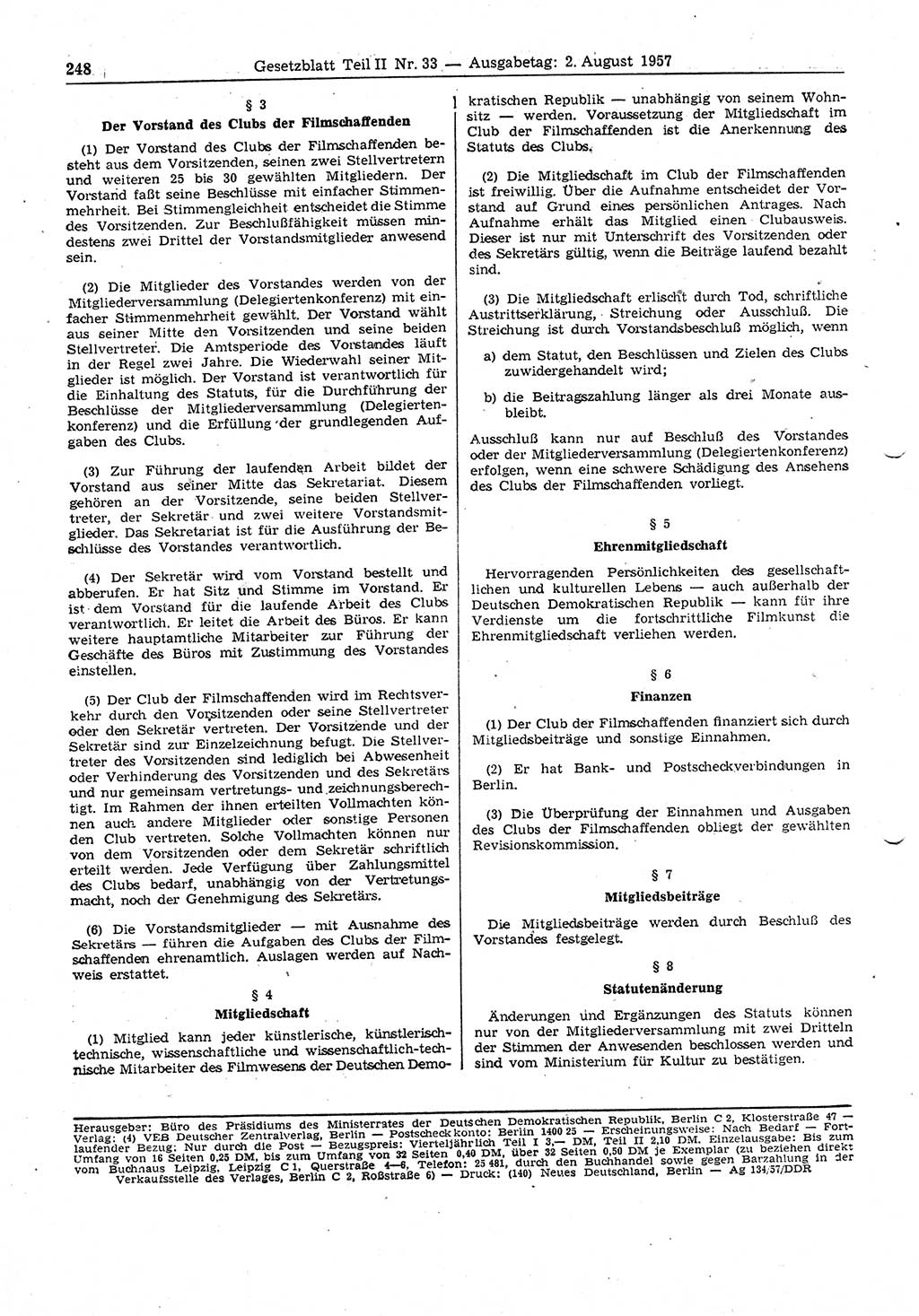 Gesetzblatt (GBl.) der Deutschen Demokratischen Republik (DDR) Teil ⅠⅠ 1957, Seite 248 (GBl. DDR ⅠⅠ 1957, S. 248)
