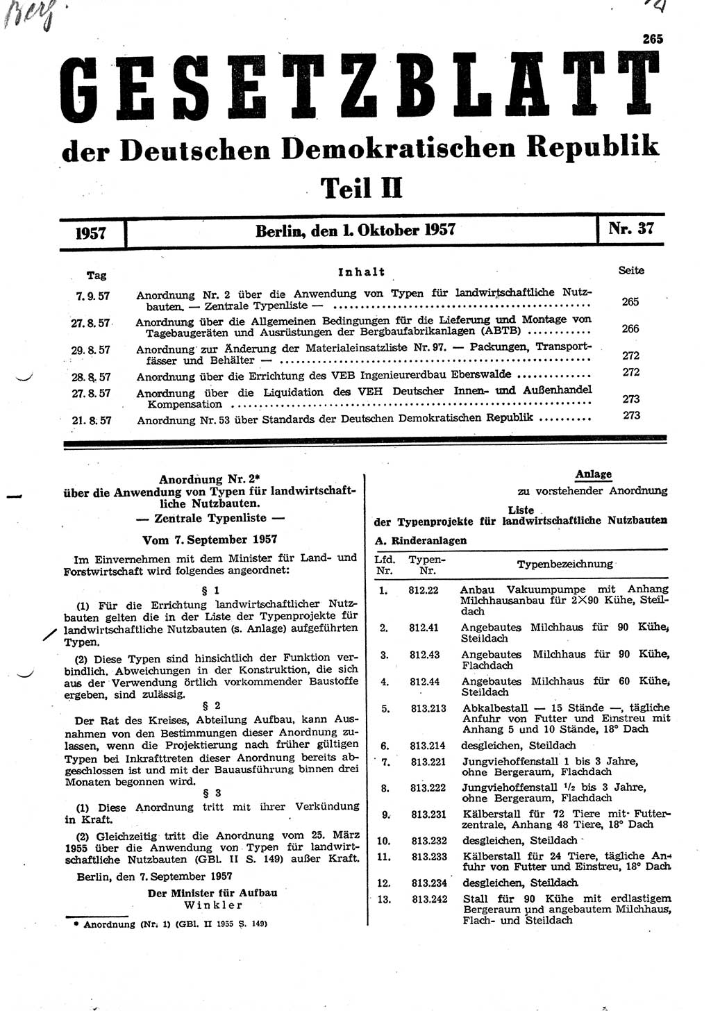Gesetzblatt (GBl.) der Deutschen Demokratischen Republik (DDR) Teil ⅠⅠ 1957, Seite 265 (GBl. DDR ⅠⅠ 1957, S. 265)