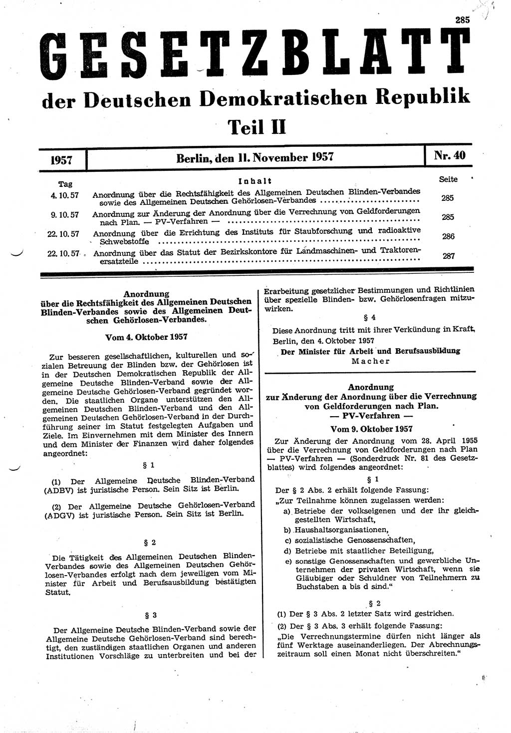 Gesetzblatt (GBl.) der Deutschen Demokratischen Republik (DDR) Teil ⅠⅠ 1957, Seite 285 (GBl. DDR ⅠⅠ 1957, S. 285)
