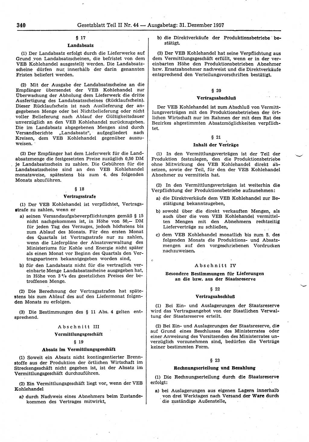 Gesetzblatt (GBl.) der Deutschen Demokratischen Republik (DDR) Teil ⅠⅠ 1957, Seite 340 (GBl. DDR ⅠⅠ 1957, S. 340)