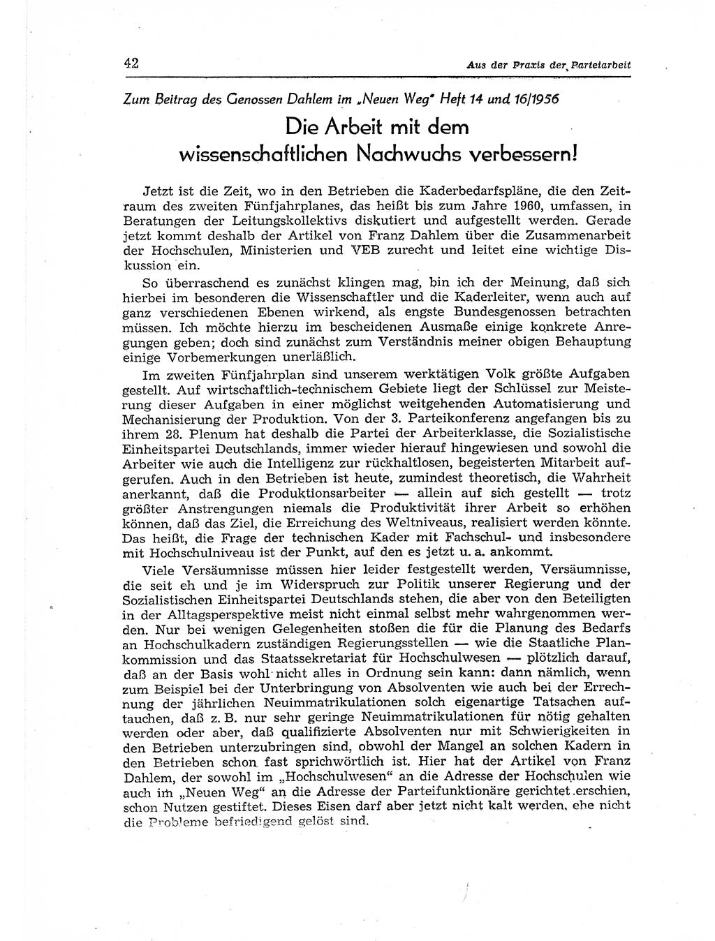 Neuer Weg (NW), Organ des Zentralkomitees (ZK) der SED (Sozialistische Einheitspartei Deutschlands) für Fragen des Parteiaufbaus und des Parteilebens, 12. Jahrgang [Deutsche Demokratische Republik (DDR)] 1957, Seite 42 (NW ZK SED DDR 1957, S. 42)