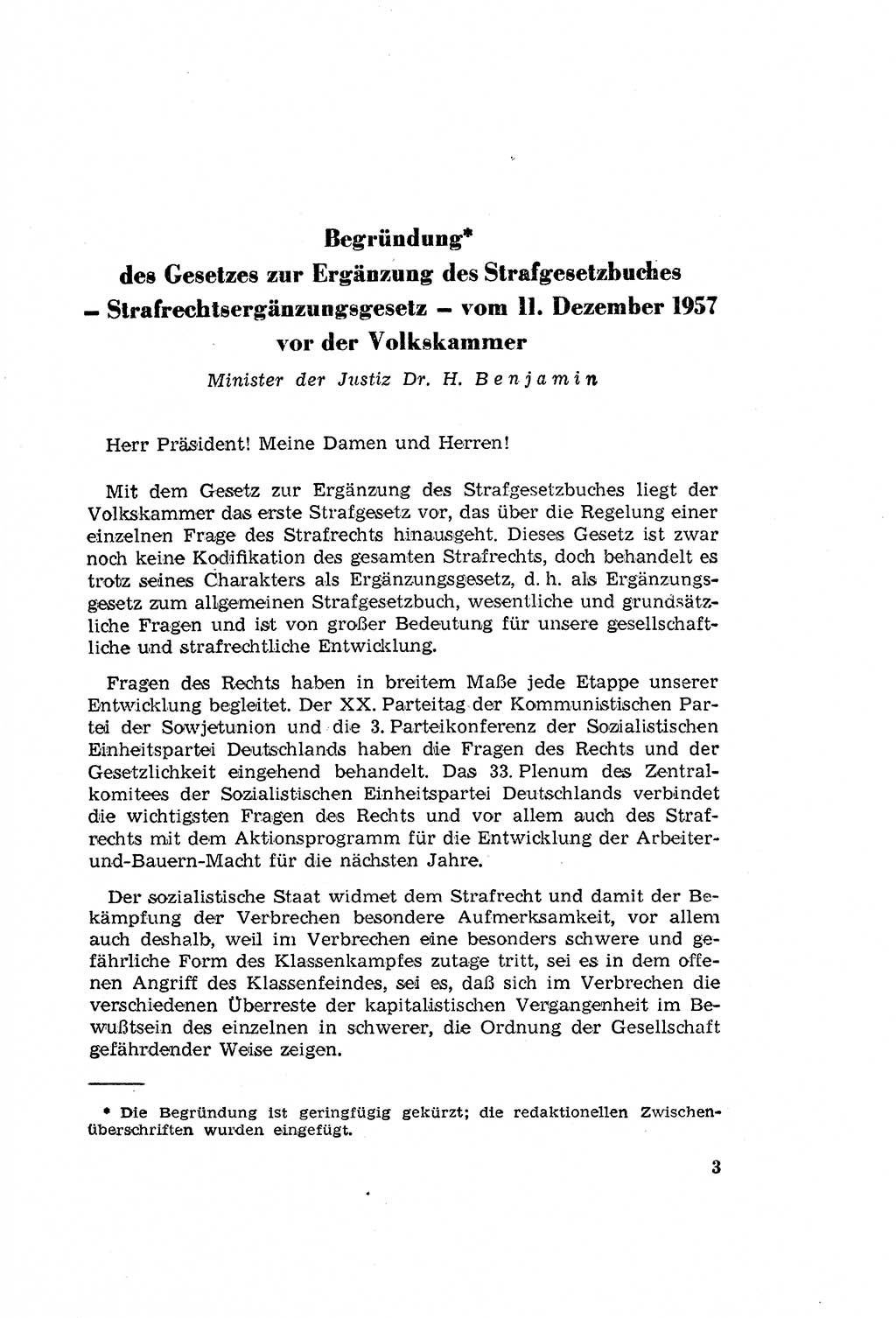 Zum Erlaß des Gesetzes zur Ergänzung des Strafgesetzbuches (StGB), Strafergänzungsgesetz (StEG) [Deutsche Demokratische Republik (DDR)] 1957, Seite 3 (StGB StEG DDR 1957, S. 3)