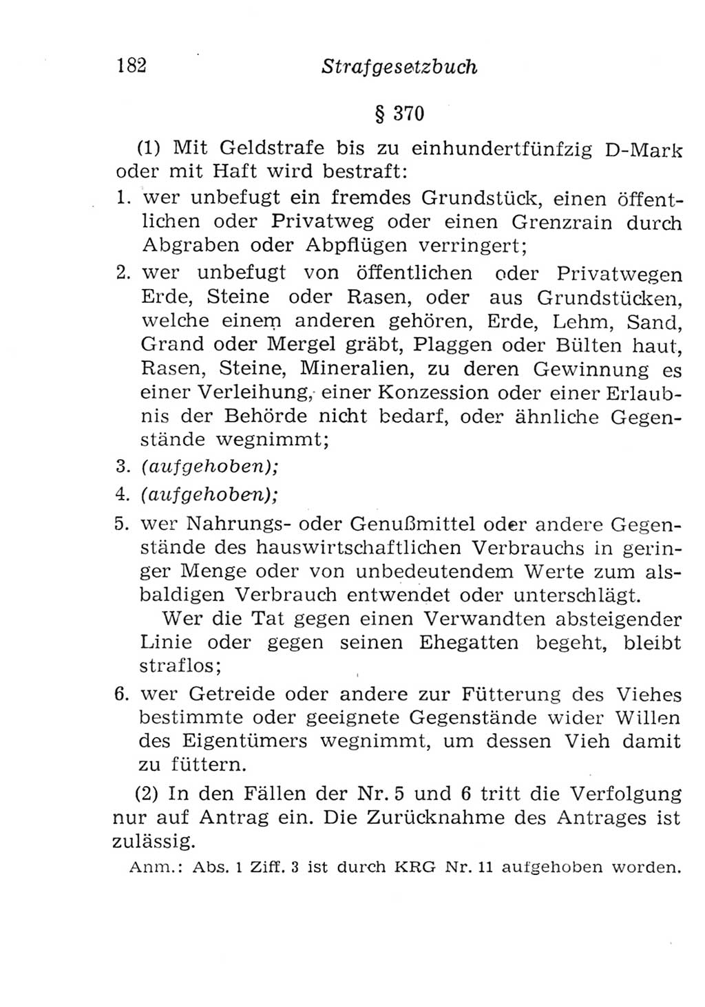 Strafgesetzbuch (StGB) und andere Strafgesetze [Deutsche Demokratische Republik (DDR)] 1957, Seite 182 (StGB Strafges. DDR 1957, S. 182)