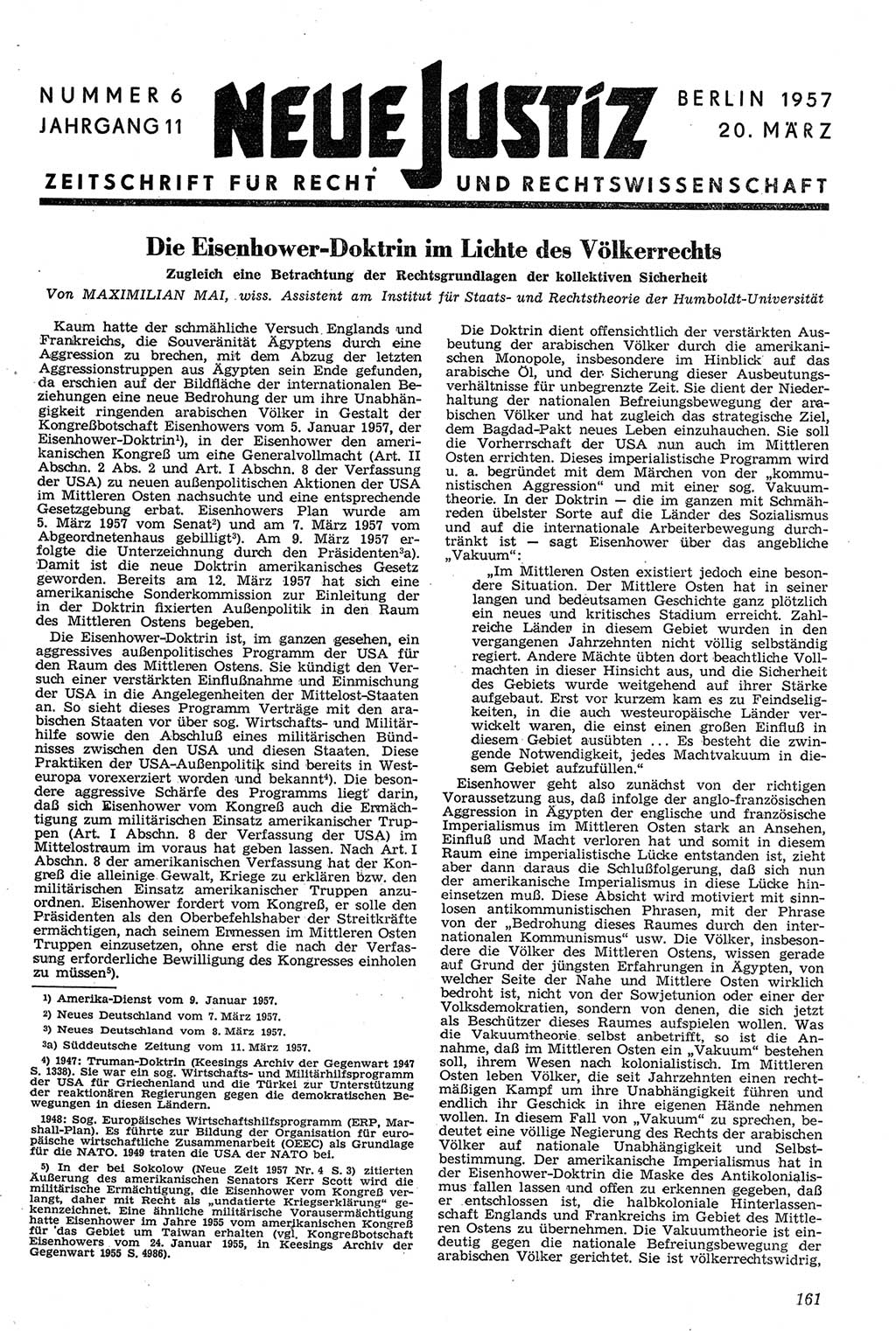 Neue Justiz (NJ), Zeitschrift für Recht und Rechtswissenschaft [Deutsche Demokratische Republik (DDR)], 11. Jahrgang 1957, Seite 161 (NJ DDR 1957, S. 161)