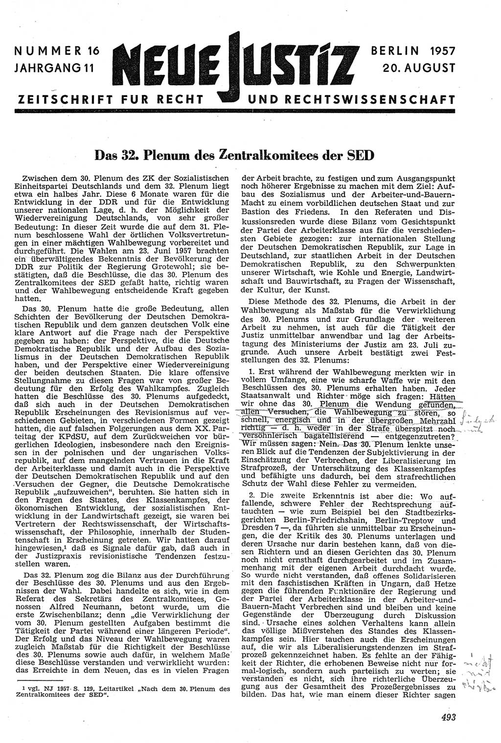 Neue Justiz (NJ), Zeitschrift für Recht und Rechtswissenschaft [Deutsche Demokratische Republik (DDR)], 11. Jahrgang 1957, Seite 493 (NJ DDR 1957, S. 493)