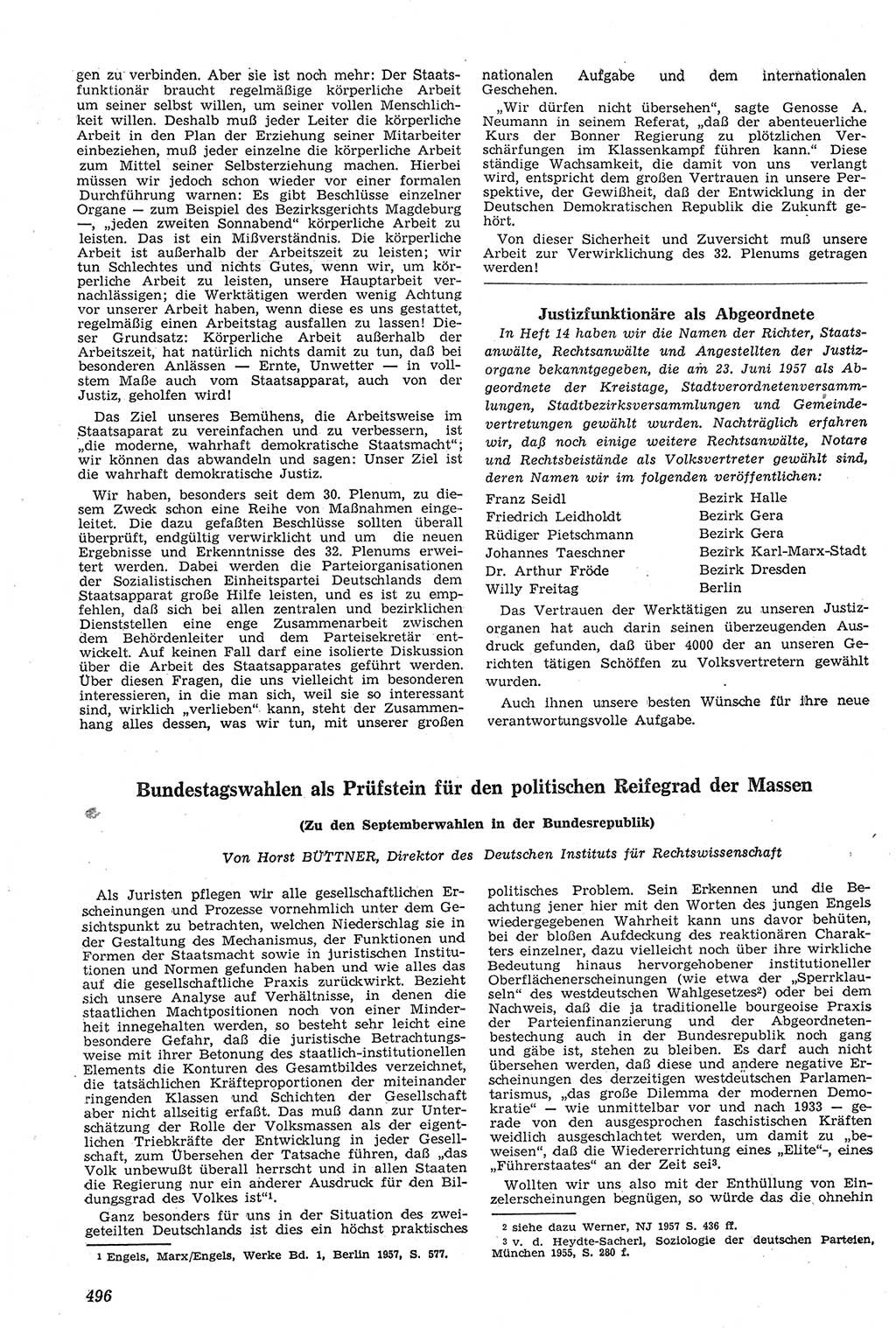 Neue Justiz (NJ), Zeitschrift für Recht und Rechtswissenschaft [Deutsche Demokratische Republik (DDR)], 11. Jahrgang 1957, Seite 496 (NJ DDR 1957, S. 496)