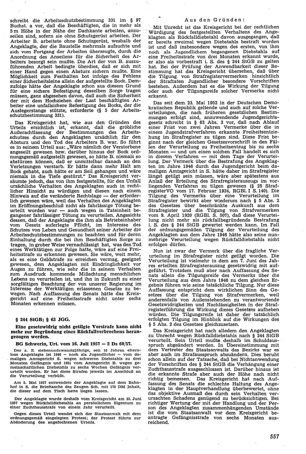 Neue Justiz (NJ), Zeitschrift für Recht und Rechtswissenschaft [Deutsche Demokratische Republik (DDR)], 11. Jahrgang 1957, Seite 557 (NJ DDR 1957, S. 557)