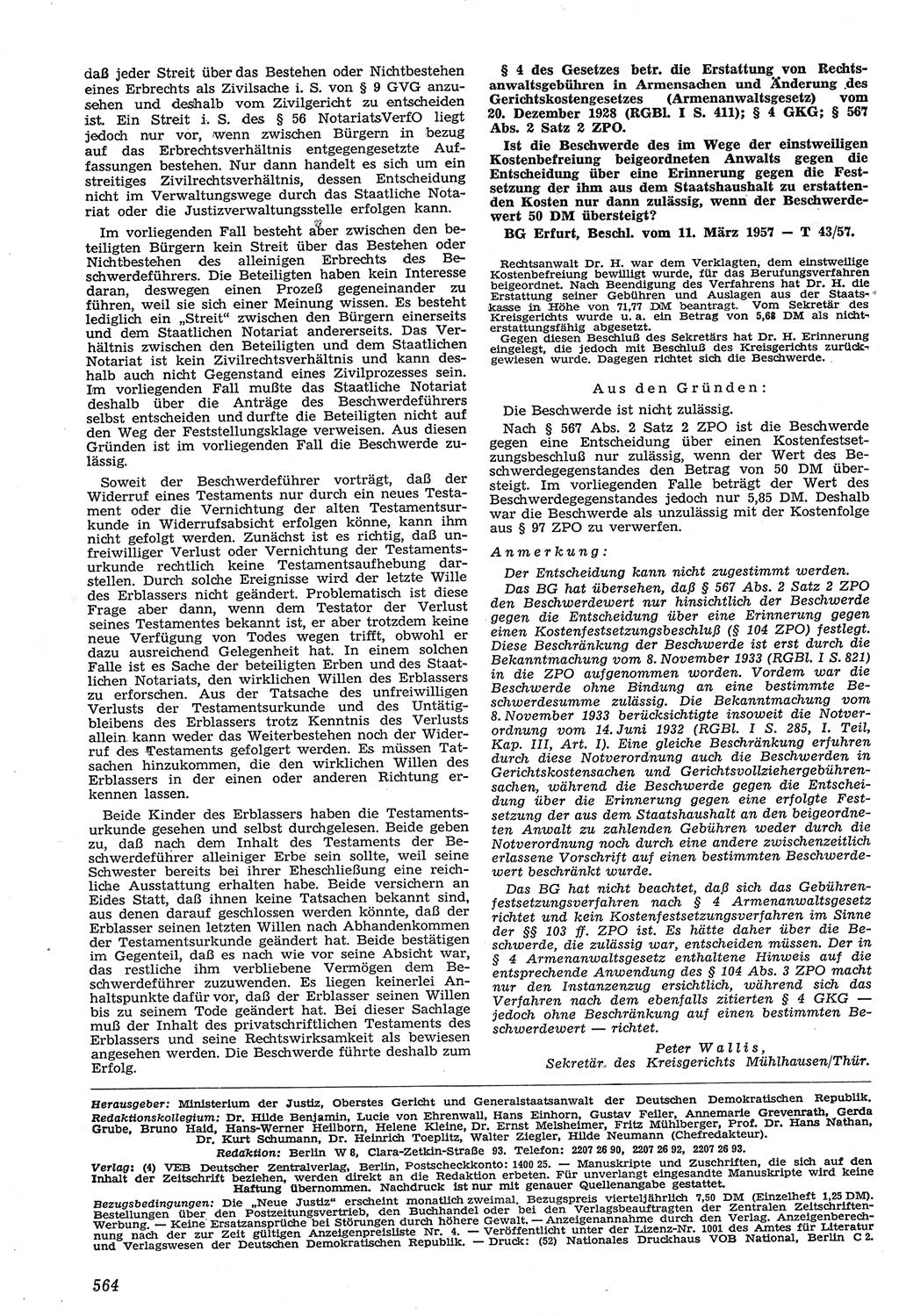 Neue Justiz (NJ), Zeitschrift für Recht und Rechtswissenschaft [Deutsche Demokratische Republik (DDR)], 11. Jahrgang 1957, Seite 564 (NJ DDR 1957, S. 564)